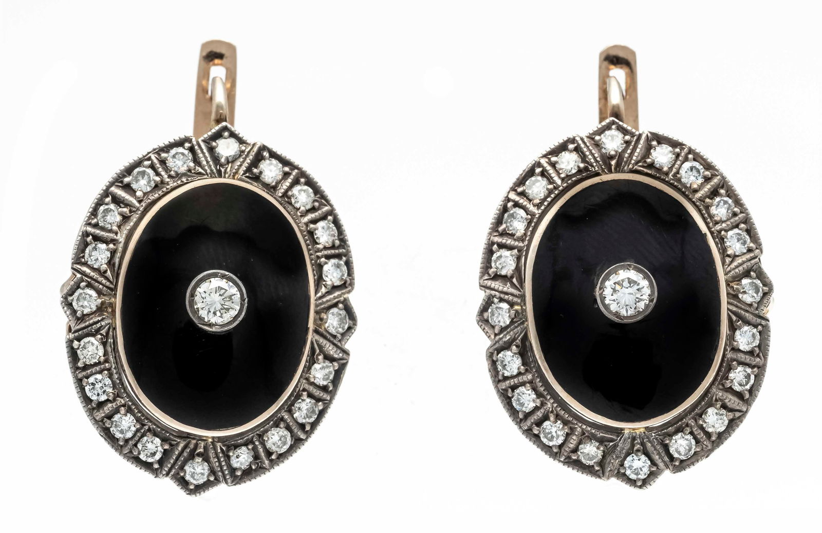 Enamel diamond clip ear studs RG: Enamel diamond clip ear studs RG 585/000 in antique style with black enamel, set with 42 brilliant-cut diamonds, totaling 1.16 ct Wesselton - slightly tinted white/SI-PU, l. 30 mm, 15.1 g