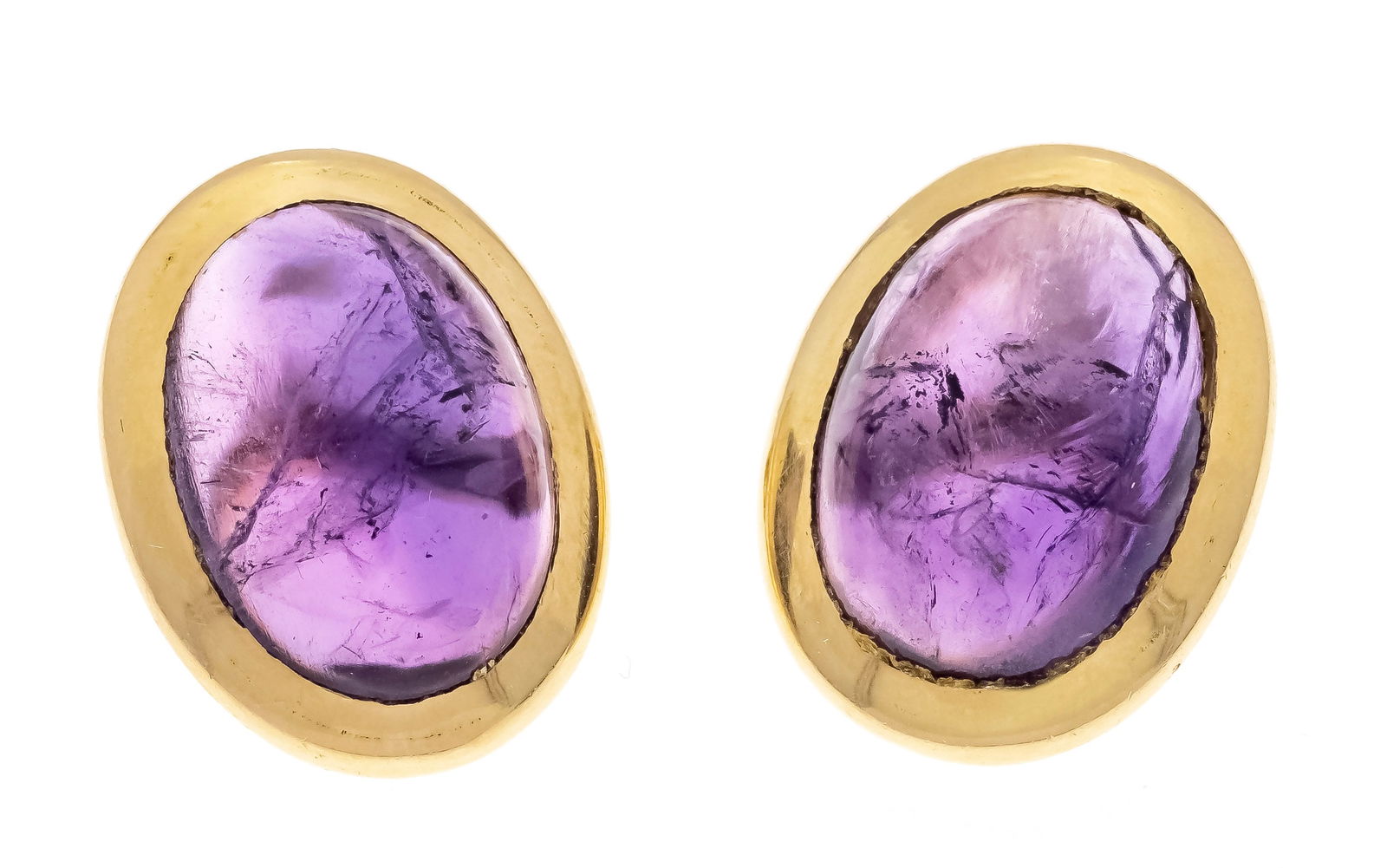 Amethyst ear clips GG 750/000 wit: Amethyst ear clips GG 750/000 with 2 oval amethyst cabochons 17 x 12.5 mm, l. 21 mm, 11.7 g