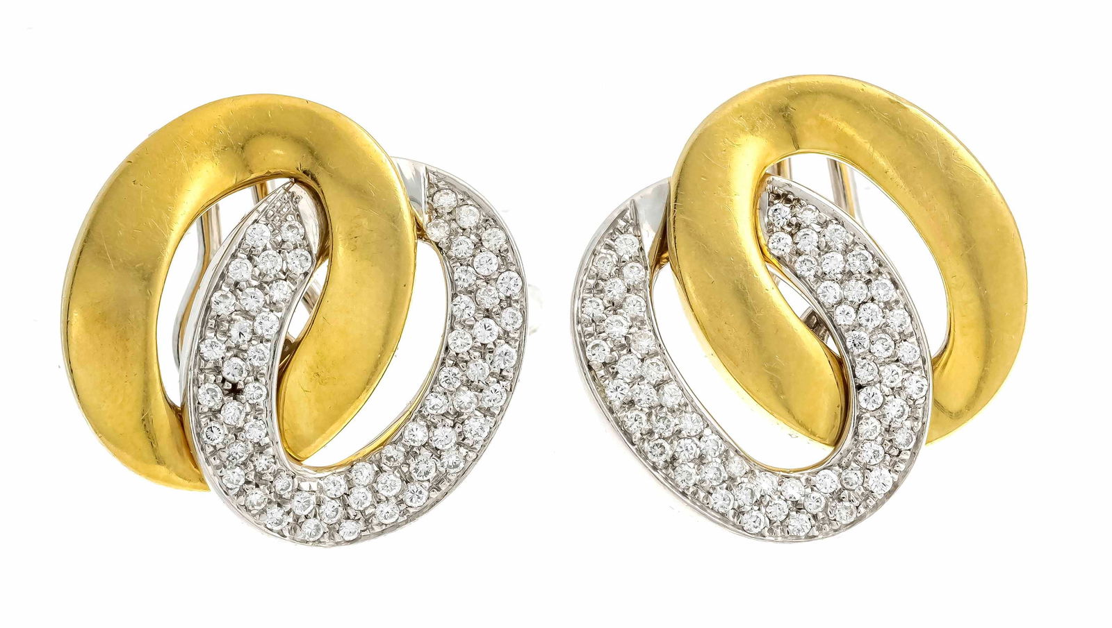 Pavé brilliant-cut diamond clip e: Pavé brilliant-cut diamond clip ear studs GG/WG 750/000 with 120 pavé-set brilliant-cut diamonds, total 1.20 ct W/VVS-VS, l. 23 mm, 14.7 g
