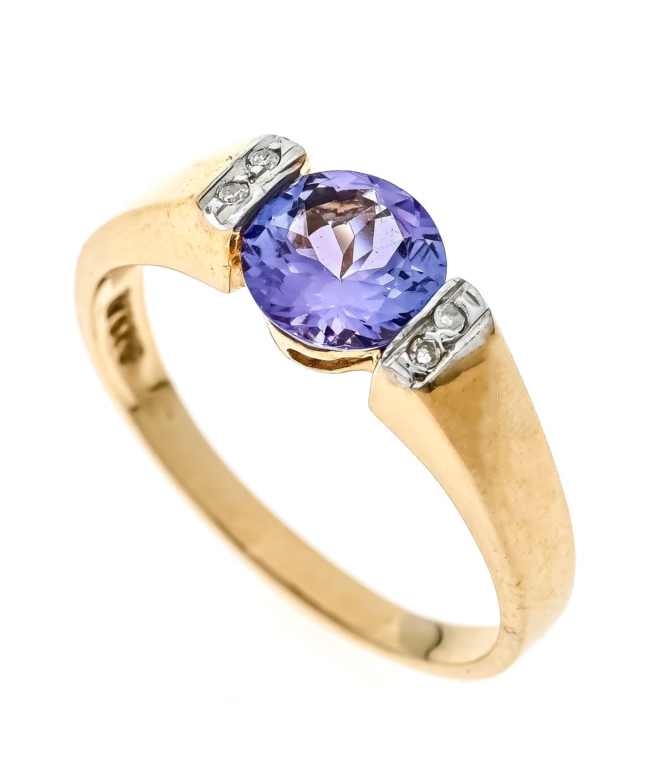 Harry Ivens tanzanite ring GGWG 3: Harry Ivens tanzanite ring GGWG 375/000 with a round faceted tanzanite 6.1 mm and 4 octagonal diamonds, total 0.02 ct W/SI, RG 50, IV stamped, 1.8 g