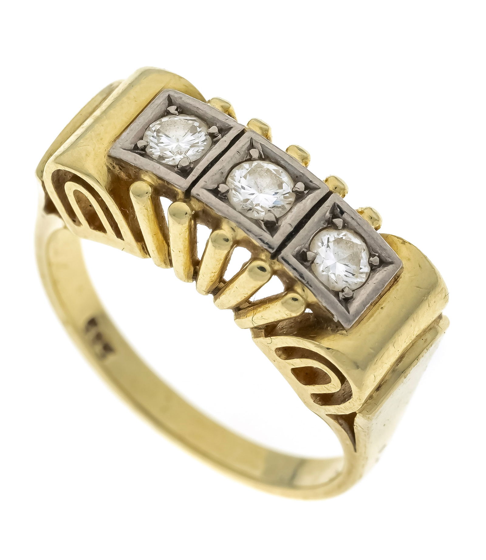 Diamond ring GG 585/000 with 3 br: Diamond ring GG 585/000 with 3 brilliant-cut diamonds, total 0.30 ct W/VS, RG 53, 5.3 g