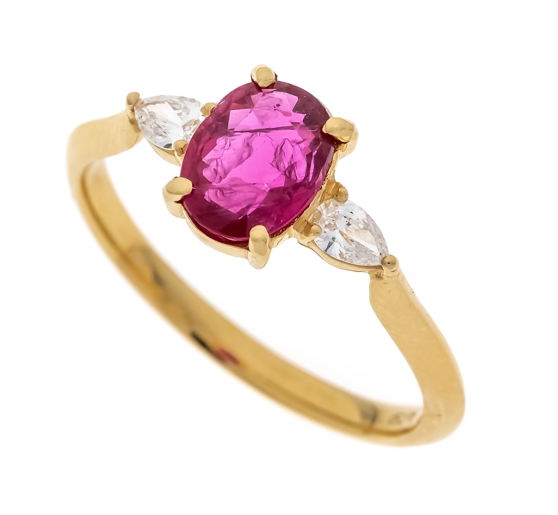 Ruby diamond ring GG 750/000 with: Ruby diamond ring GG 750/000 with an oval faceted ruby 0.95 ct in a bright red, transparent with internal features, 7.3 x 5.5 x 2.8 mm and 2 faceted diamond drops, total 0.18 ct W/VS-SI, RG 53, 2.4 g