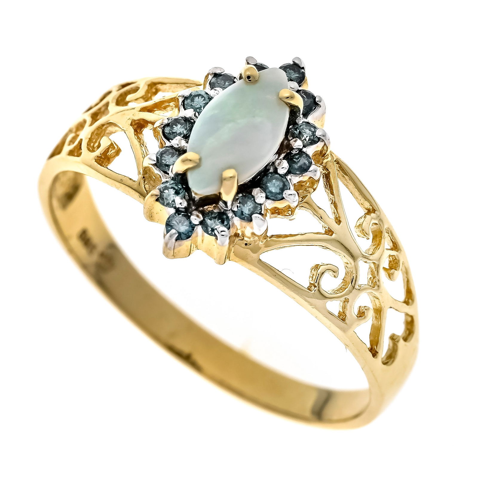 Opal-brilliant ring GG 585/000 wi: Opal-brilliant ring GG 585/000 with a navette-shaped opal cabochon 7.8 x 4.0 mm and 14 brilliant-cut diamonds, total 0.17 ct FancyOceanBlue/SI-PI, RG 59, 2.6 g