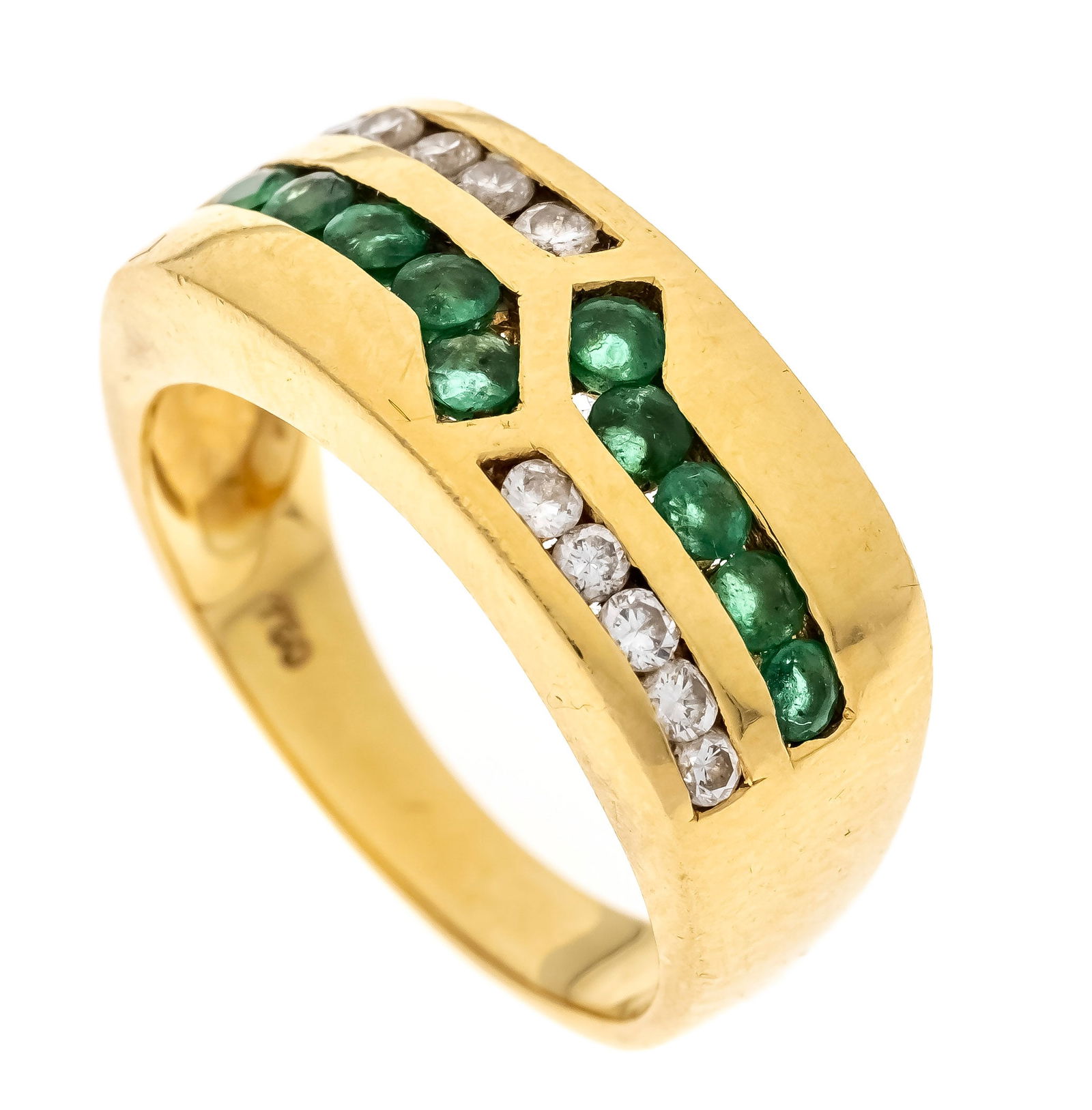 Emerald-brilliant ring GG 750/000: Emerald-brilliant ring GG 750/000 with 10 round faceted emeralds 2 mm green, translucent and 10 brilliant-cut diamonds, total 0.20 ct W/SI, RG 52, 6.2 g