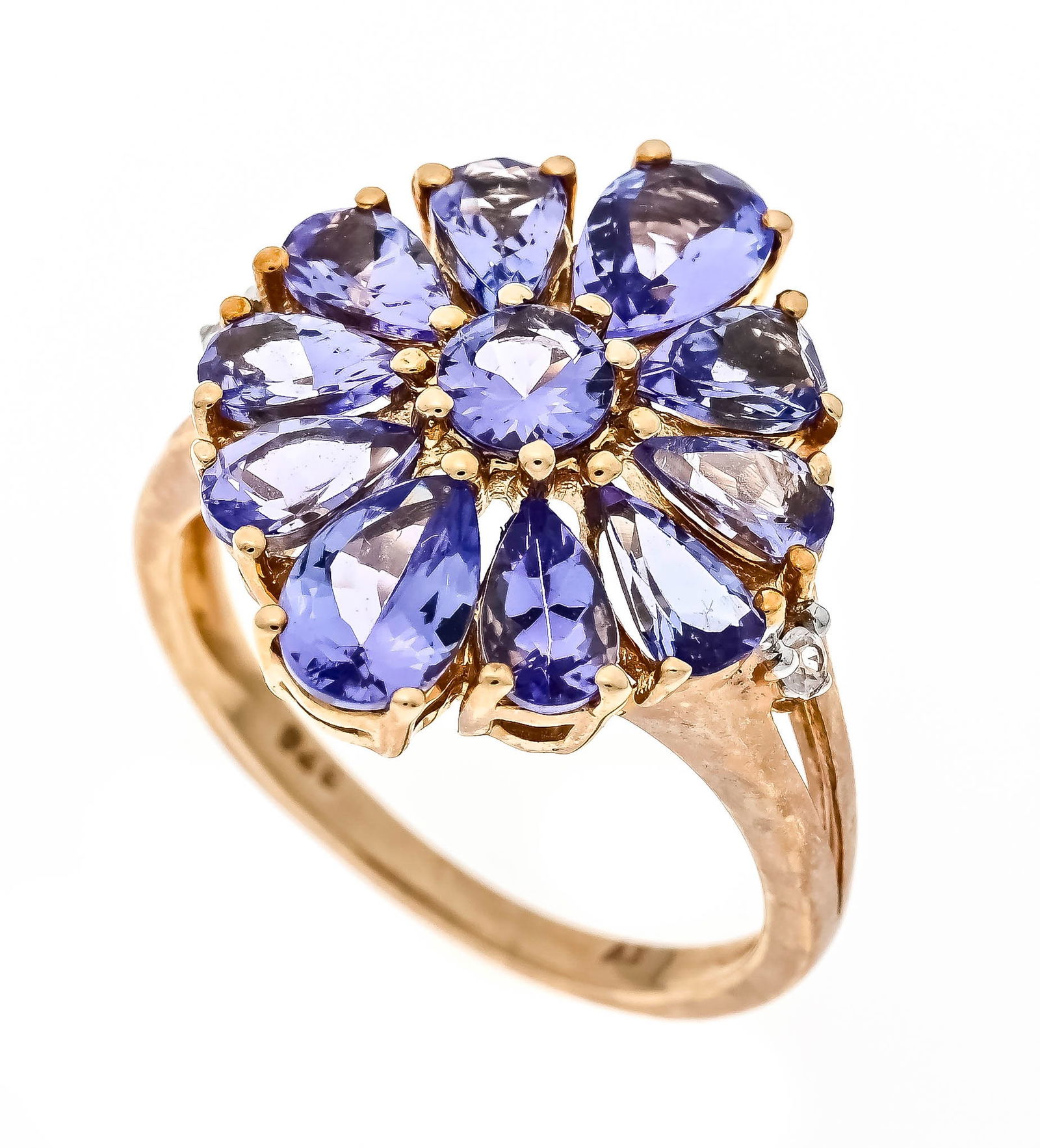 Harry Ivens tanzanite ring GG 375: Harry Ivens tanzanite ring GG 375/000 with 11 differently faceted tanzanites 5.9 - 3.5 mm in violet blue, eye-clean, RG 50, IV stamped, 3.1 g
