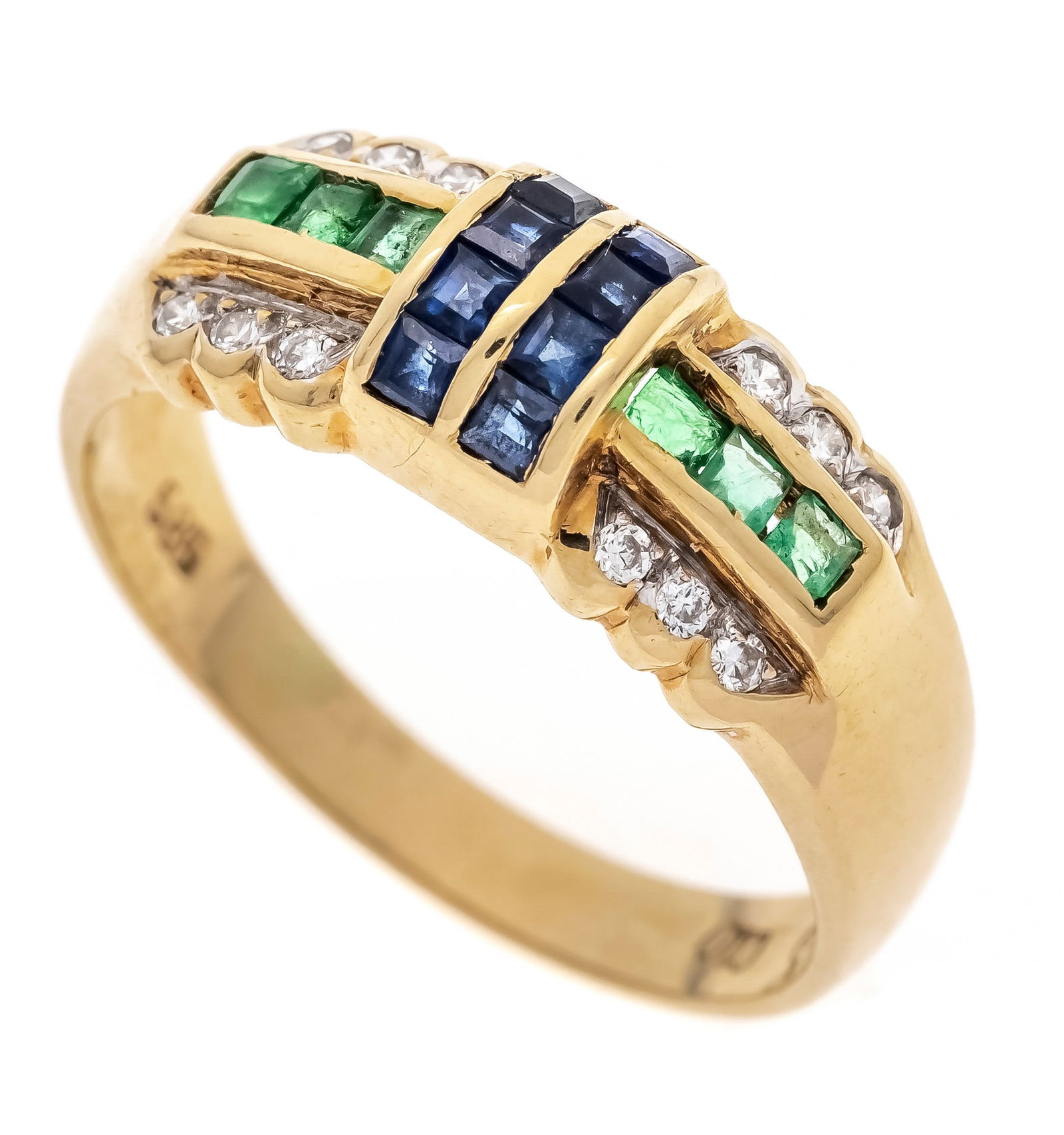 Multicolor ring GG 585/000 with 8: Multicolor ring GG 585/000 with 8 carré faceted sapphires 1.5 mm, 6 carré faceted emeralds 1.5 mm and 12 brilliant-cut diamonds, total 0.10 ct W/SI, RG 57, 4.2 g