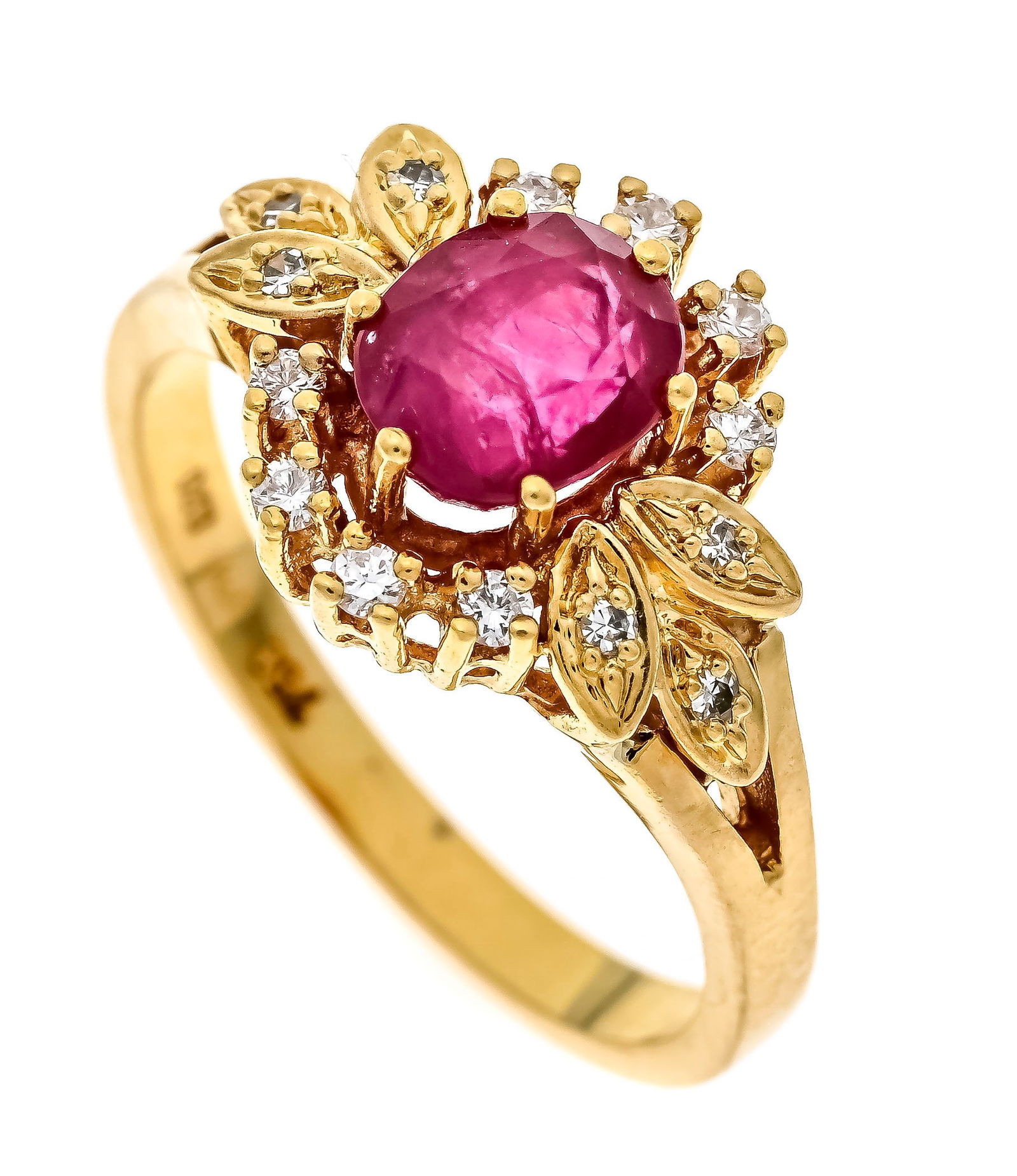 Ruby-brilliant ring GG 750/000 wi: Ruby-brilliant ring GG 750/000 with an oval faceted ruby 1.39 ct red, translucent, 7.08 x 5.81 x 4.06 mm as well as 8 brilliant-cut diamonds and 6 octagonal diamonds, total 0.20 ct (hallmarked)