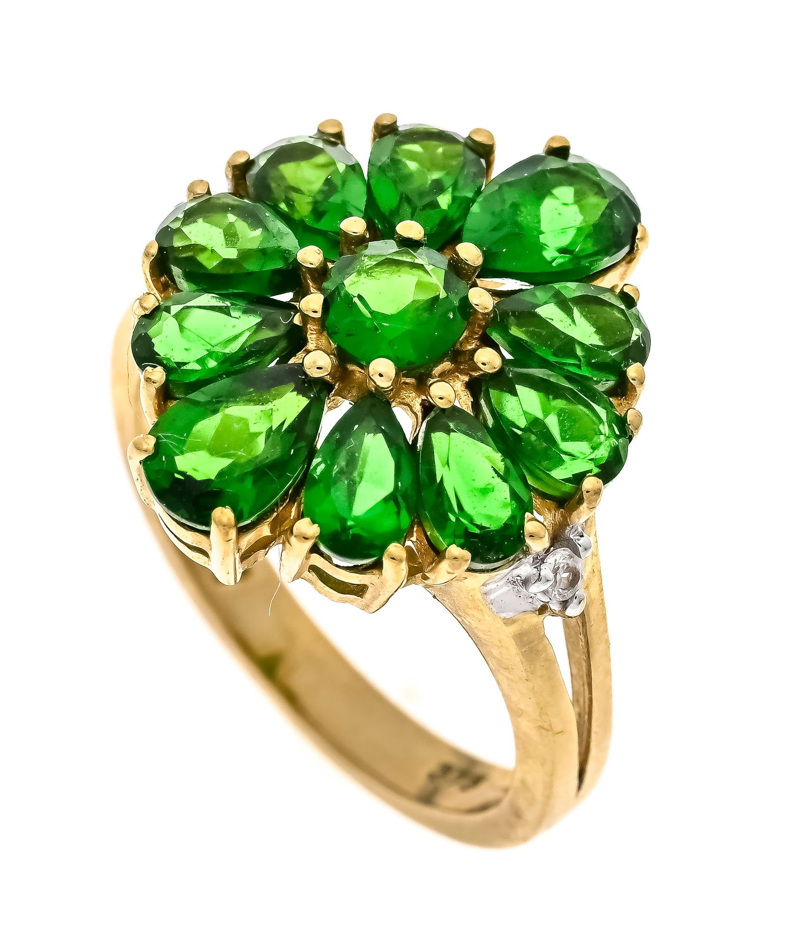 Harry Ivens chrome diopside ring: Harry Ivens chrome diopside ring GG 375/000 with 10 drop-shaped and one round faceted green gemstone 5.8 - 3.7 mm, presumably chrome diopside and 2 brilliant-cut diamonds, total 0.02 ct W/SI, RG 50,