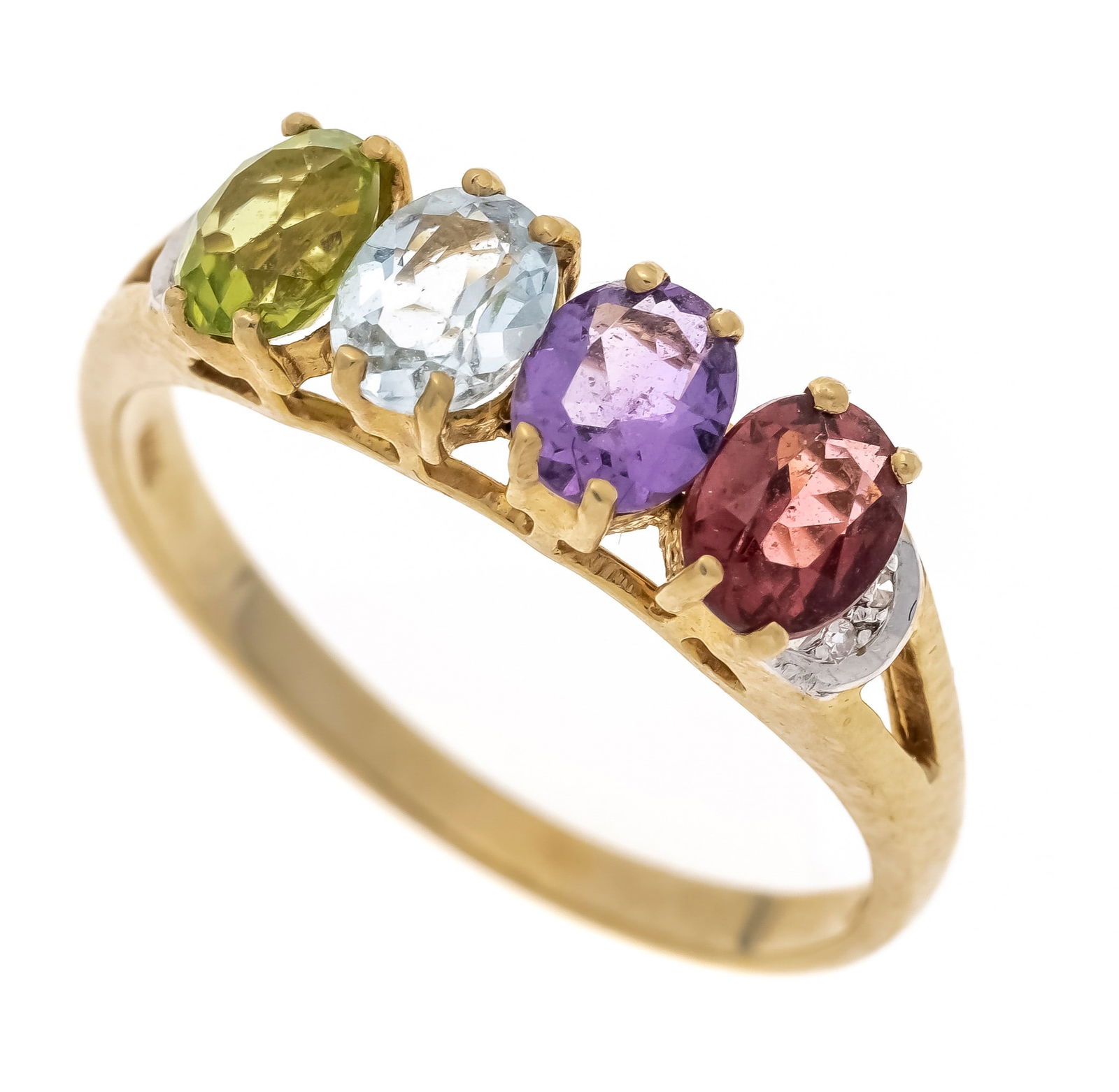 Multicolor rivière ring GG 585/00: Multicolor rivière ring GG 585/000 with 4 oval faceted, different colored gemstones 5 x 4 mm including peridot, blue topaz, garnet and amethyst as well as 4 octagonal diamonds, total 0.02 ct W/SI,