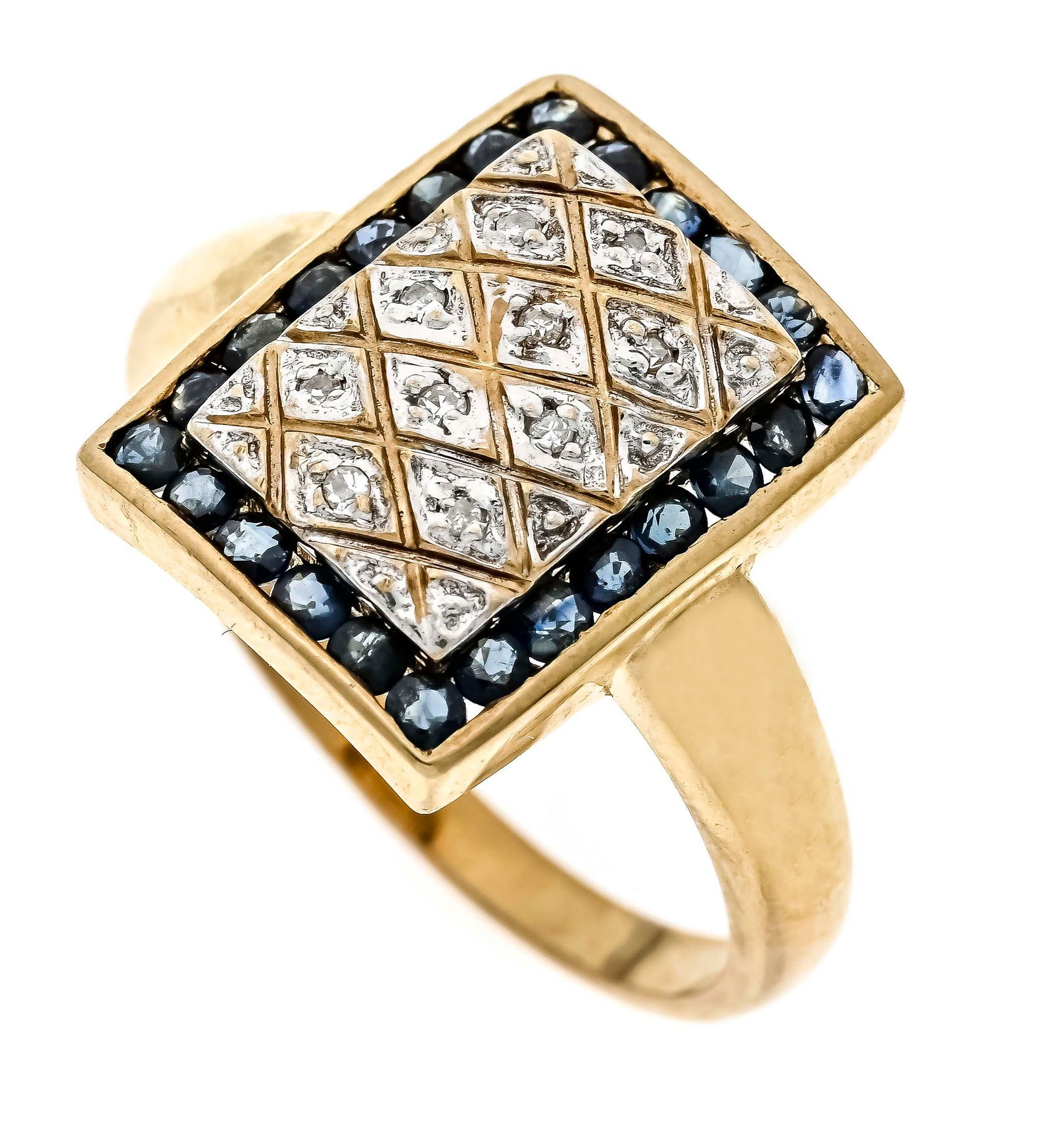 Sapphire-diamond ring GG 333/000: Sapphire-diamond ring GG 333/000 with 24 round faceted sapphires 1.8 mm blue, translucent and 10 octagonal diamonds, total 0.05 ct W/SI, RG 60, 4.2 g