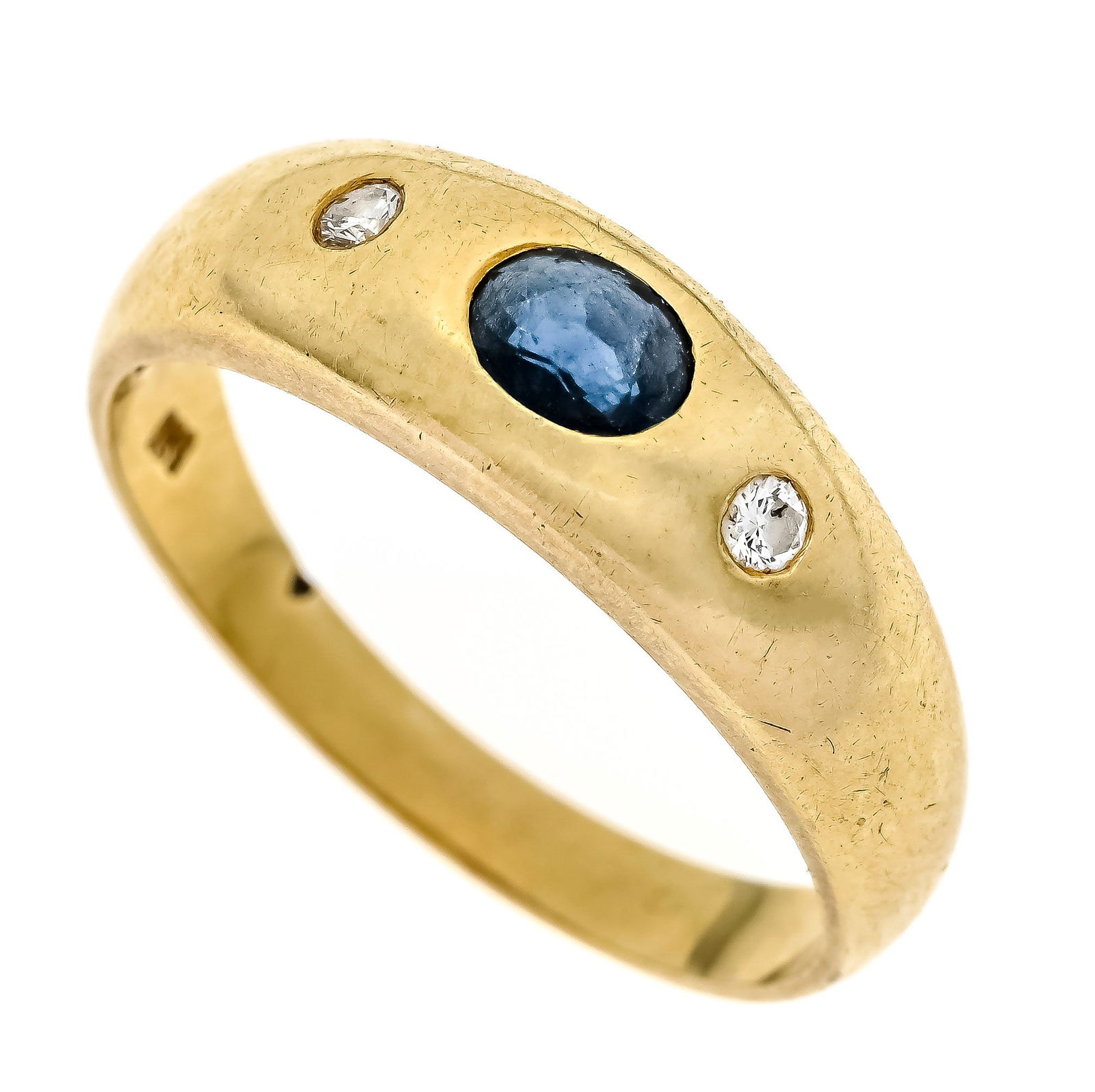 Sapphire brilliant-cut diamond ba: Sapphire brilliant-cut diamond band ring GG 585/000 with an oval faceted sapphire 4.8 x 3.8 mm blue, transparent with internal features and 2 brilliant-cut diamonds, total 0.06 ct l.tintedW/SI-PI, RG