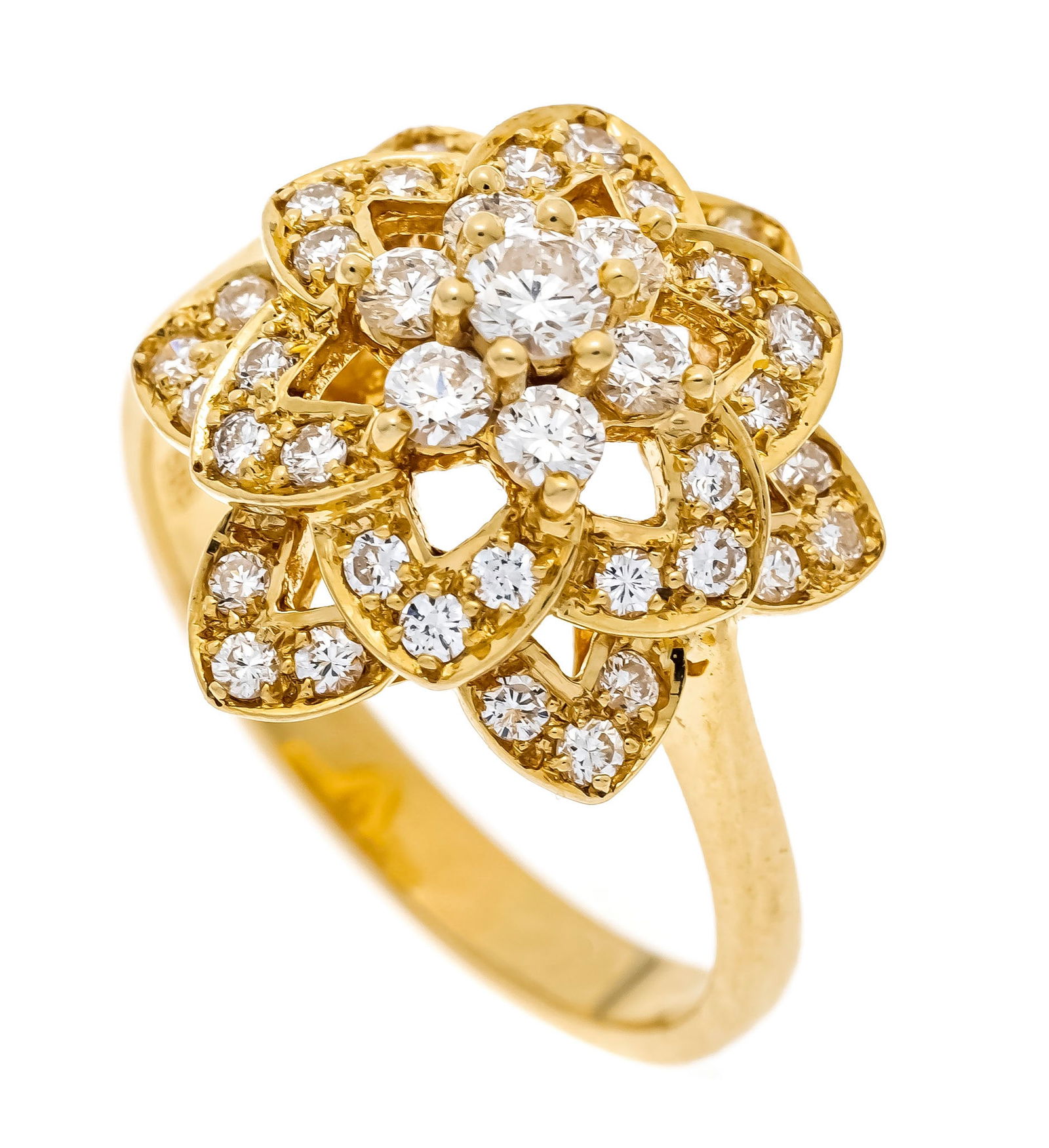 Brilliant flower ring GG 585/000: Brilliant flower ring GG 585/000 with 43 brilliant-cut diamonds, total 0.93 ct W/VVS-VS, RG 53, 4.3 g