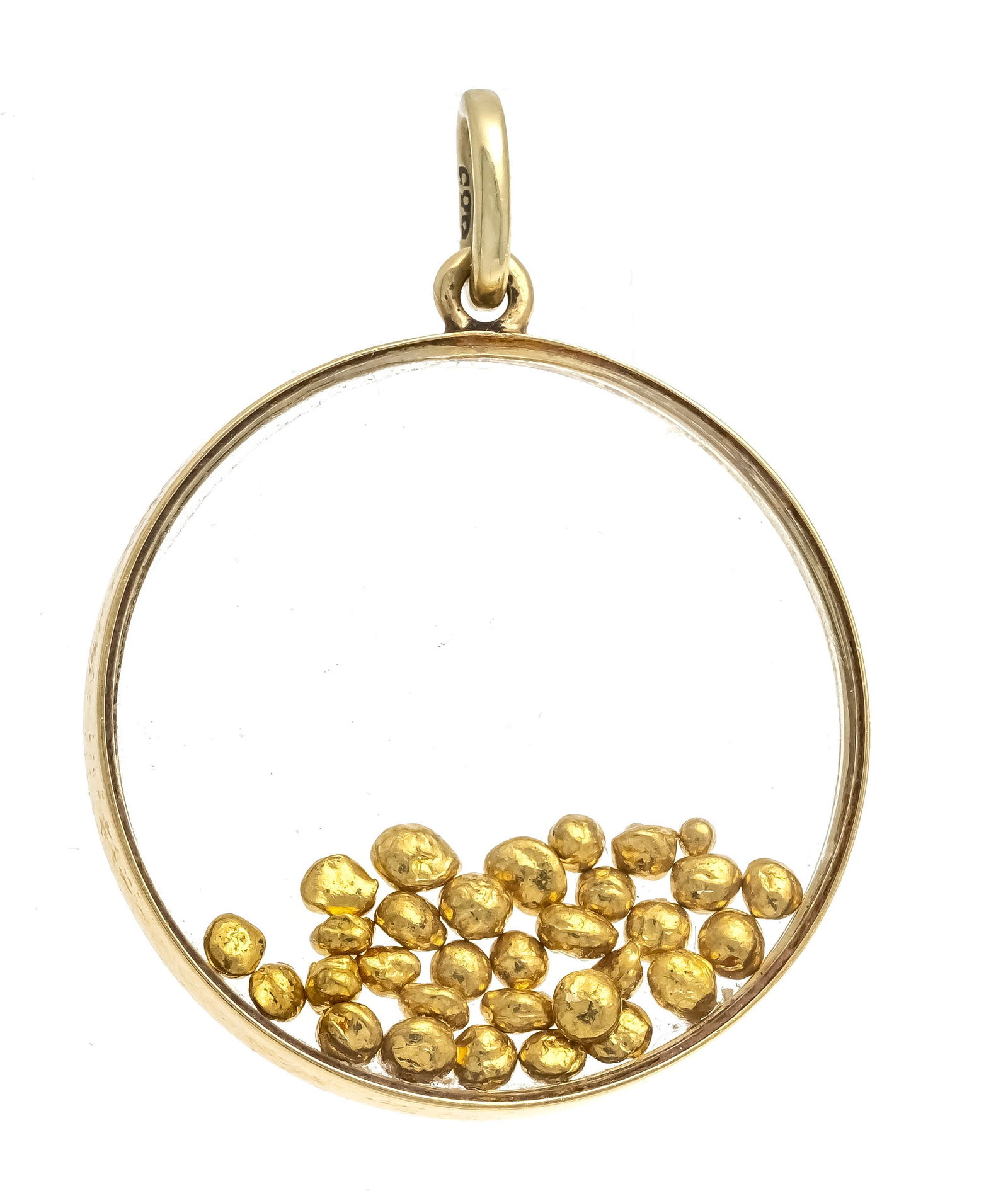 Gold nugget pendant GG 585/000 wi: Gold nugget pendant GG 585/000 with freely movable gold nuggets behind glass, l. 34 mm, 6.4 g