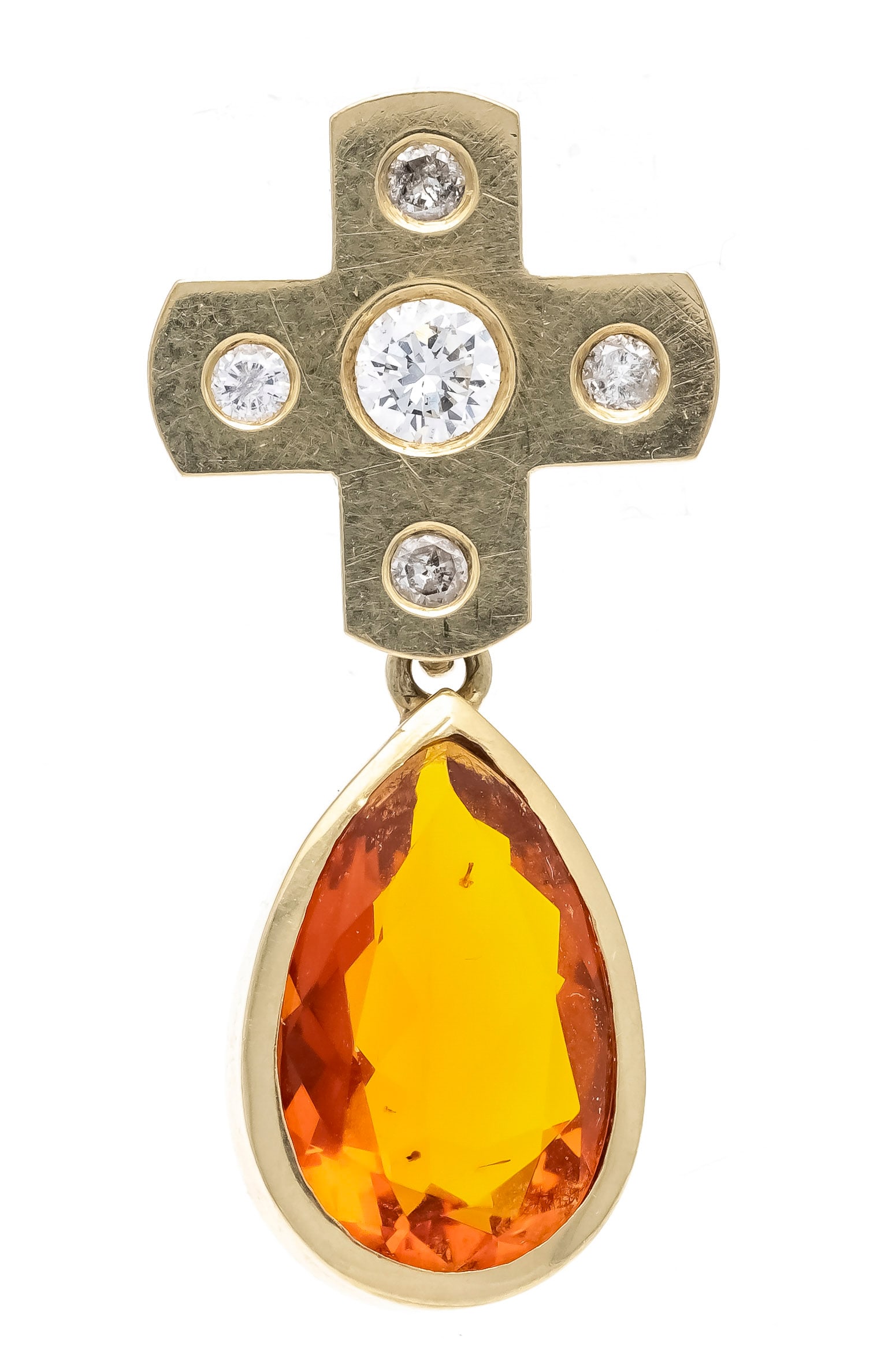 Fire opal-brilliant pendant GG 58: Fire opal-brilliant pendant GG 585/000 with a faceted fire opal drop 2.5 ct in a luminous light red-brownish orange, eye-clean, 14.3 x 8.5 x 5.2 mm and 5 brilliant-cut diamonds 0.39 ct