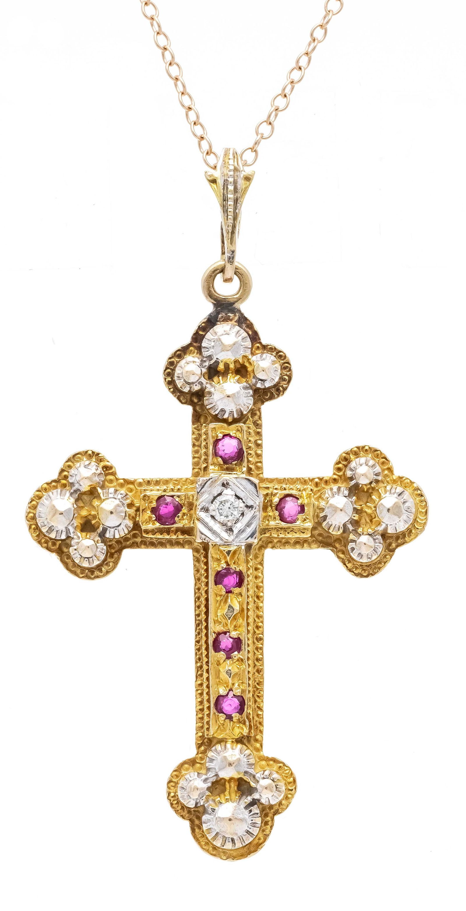 Cross pendant GG/WG 585/000 with: Cross pendant GG/WG 585/000 with 6 round faceted red spinels 1.6 mm and a brilliant-cut diamond 0.04 ct W/SI-PI, l. 47 mm, on chain RG 583/000 with spring ring, l. 54 cm, 6.9 g
