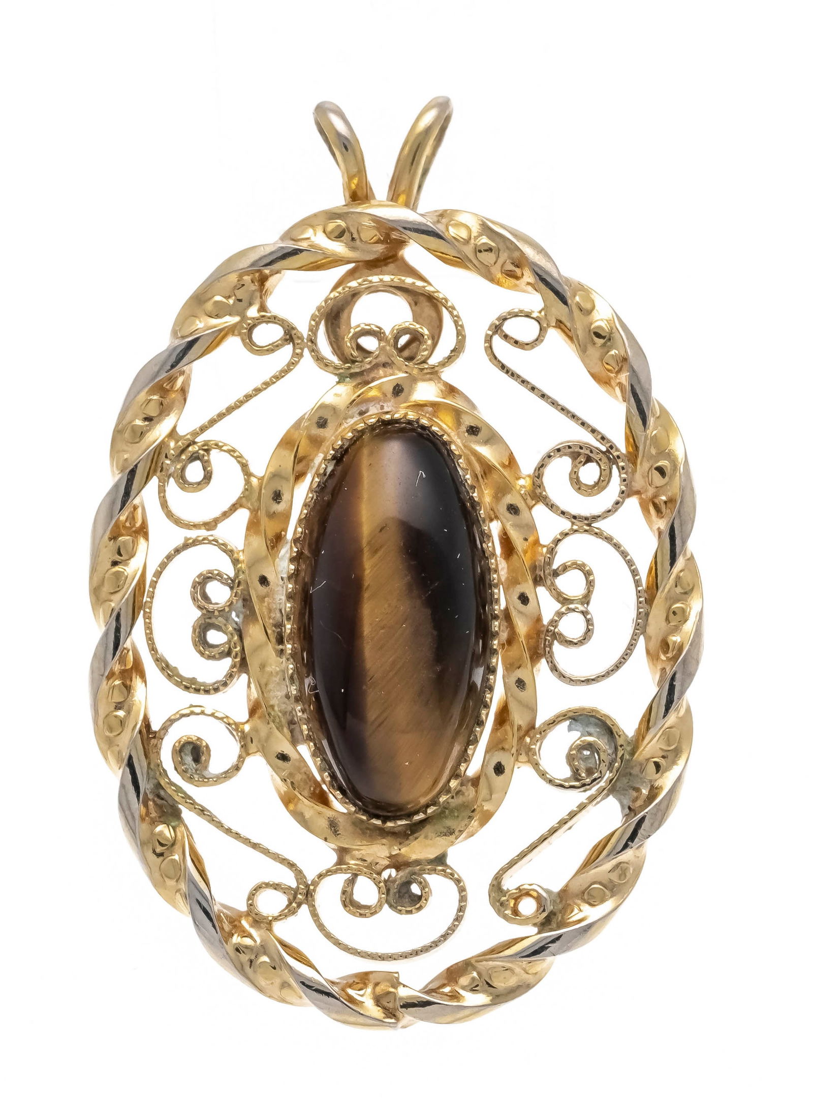 Filigree pendant GG 333/000 unmar: Filigree pendant GG 333/000 unmarked, tested, with an oval tiger's eye cabochon 13.8 x 7.0 g, l. 33.5 mm, 3.8 g