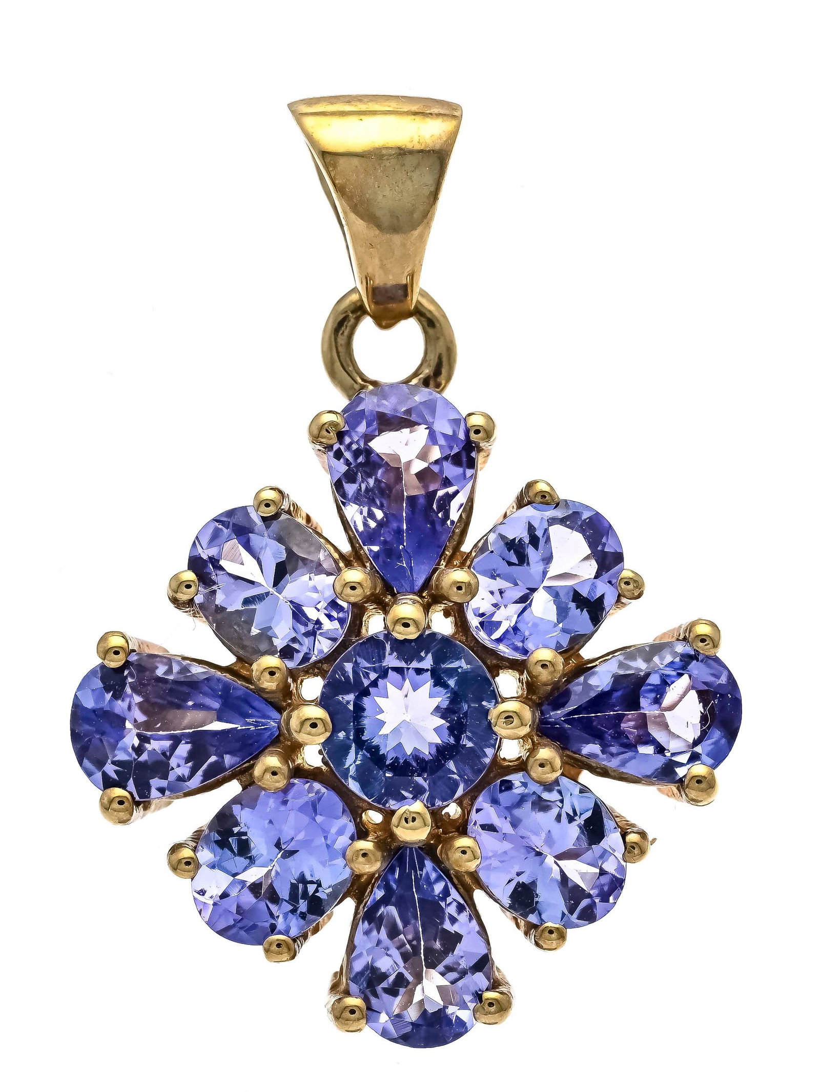 Harry Ivens tanzanite pendant GG: Harry Ivens tanzanite pendant GG 375/000 with 9 differently faceted tanzanites 5.8 - 3.6 mm in bright light violet, eye-clean, l. 26 mm, IV stamped, 3.1 g