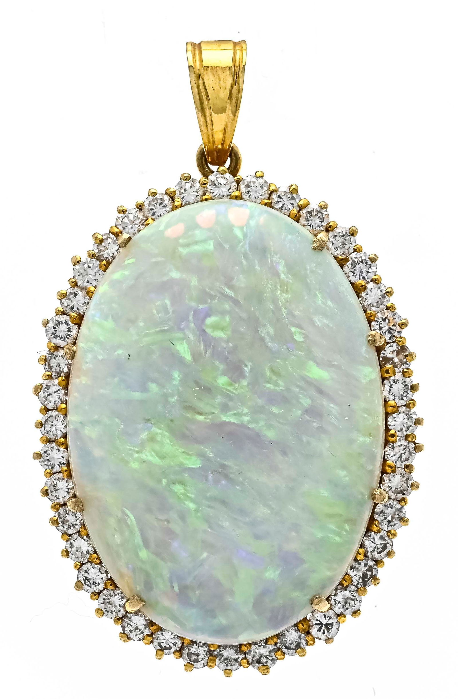 Opal-brilliant pendant GG 585/000: Opal-brilliant pendant GG 585/000 with an oval opal cabochon 24.7 x 17.6 x 4.5 mm in a good play of colors and 40 brilliant-cut diamonds, total 0.55 ct l.tintedW/SI, l. 35 mm, 5.9 g