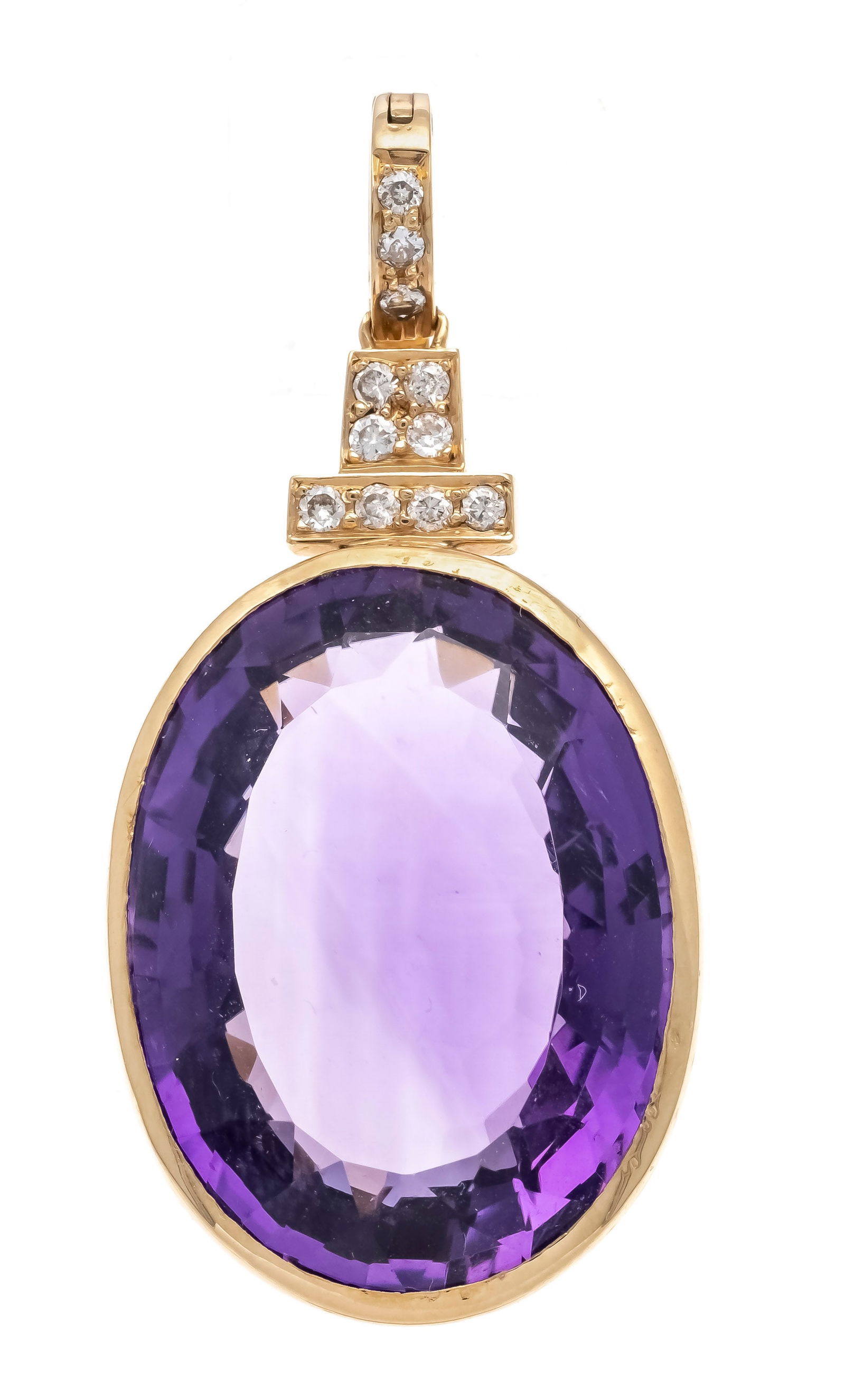 Amethyst-brilliant clip pendant G: Amethyst-brilliant clip pendant GG 585/000 unmarked, tested, with an oval faceted amethyst 25.0 x 18.7 mm and 11 brilliant-cut diamonds, total 0.22 ct tintedW/SI, l. 43 mm, 12.5 g