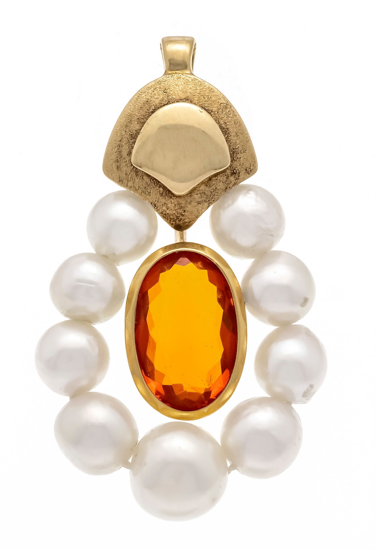 Fire opal pearl pendant GG 585/00: Fire opal pearl pendant GG 585/000 with an oval faceted fire opal 1.8 ct in a luminous light reddish-brownish orange, eye-clean, 11.8 x 7.8 x 4.4 mm, and 9 cream-white Akoya pearls 7.7 - 5.6 mm, l.