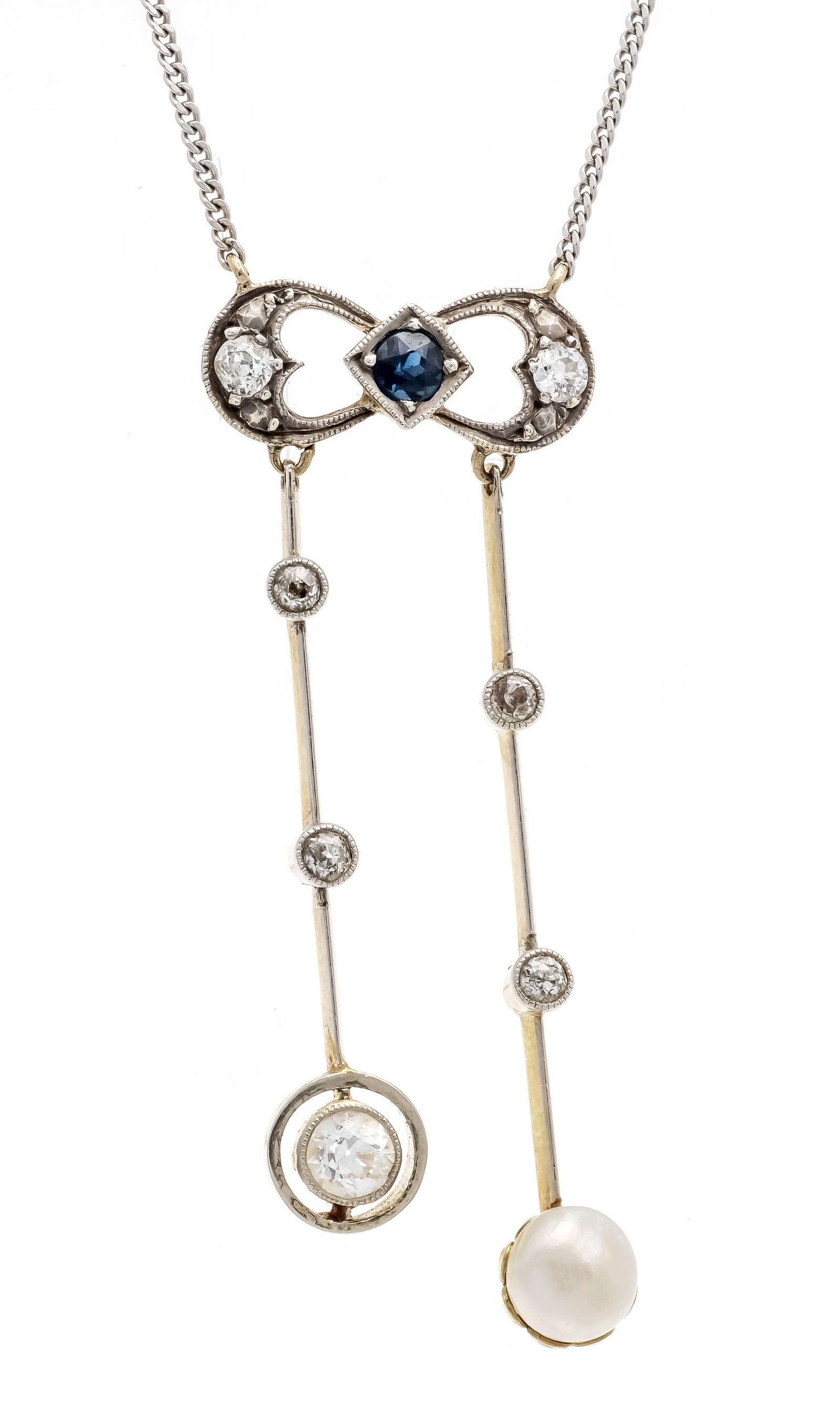 Art Déco centerpiece WG/GG 585/00: Art Déco centerpiece WG/GG 585/000 with a white pearl 5.5 mm, a round faceted sapphire 3 mm and 7 old-cut diamonds, total 0.25 ct l.tintedW/SI, on a modern chain WG 585/000 with spring ring, l. 42 cm