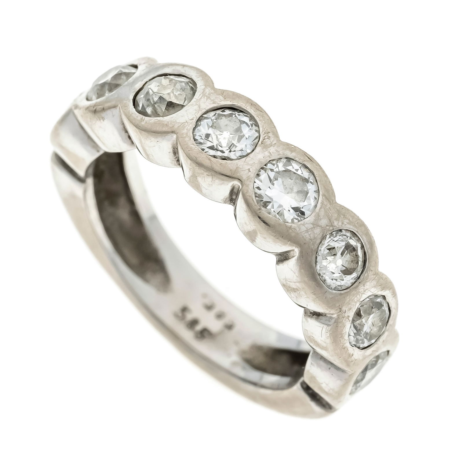 Old-cut diamond rivière ring WG 5: Old-cut diamond rivière ring WG 585/000 with 8 old-cut diamonds, totaling 1.00 ct Wesselton - slightly tinted white/VS-PI, one stone with lateral break-out, 50, 6.2 g