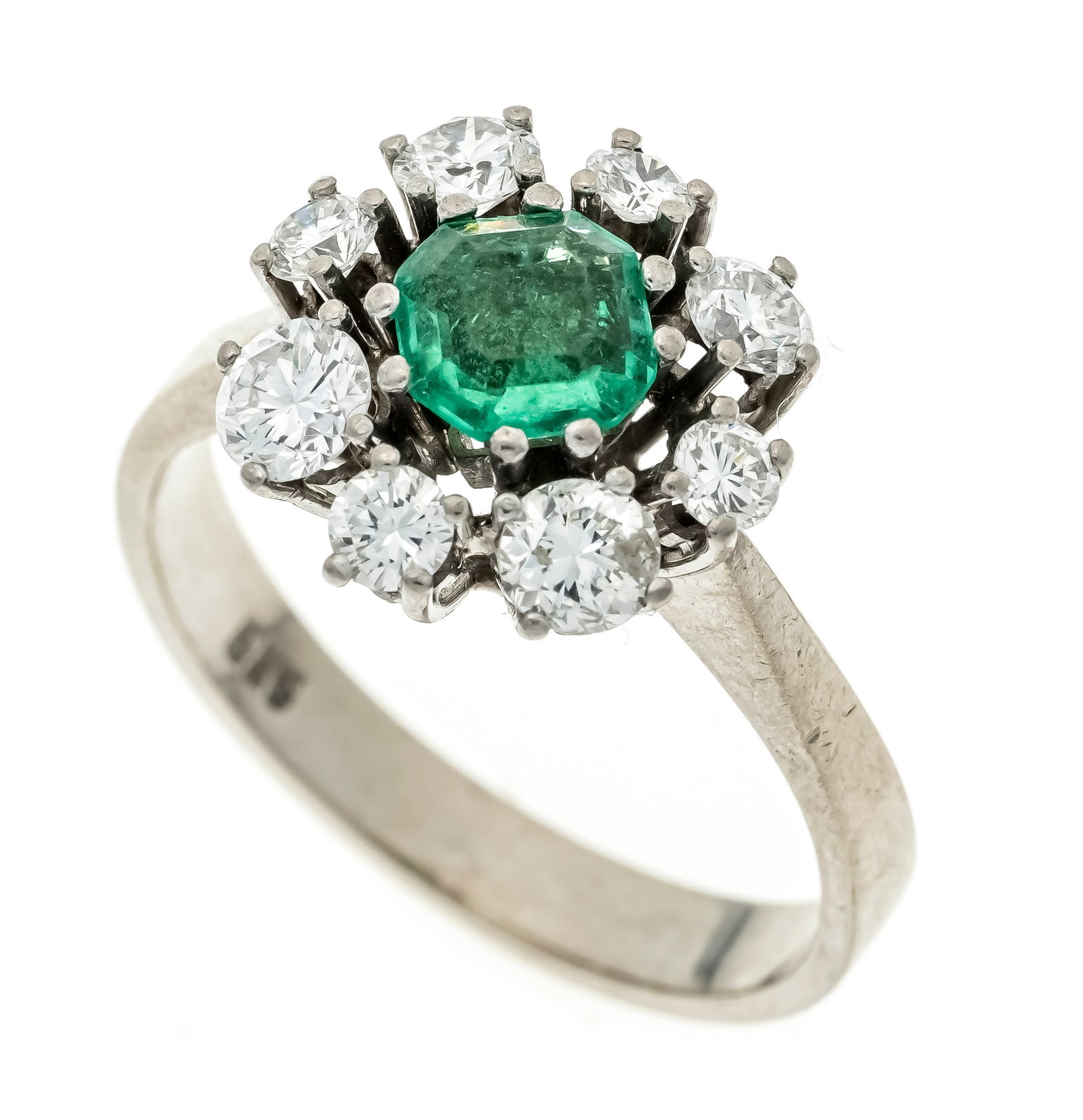 Emerald-brilliant ring WG 585/000: Emerald-brilliant ring WG 585/000 with an emerald-cut faceted emerald 0.75 ct green, transparent with few internal features, stone open-pored and slightly bumped, 5.9 x 5.7 x 3.2 mm, and 8 brilliant-c