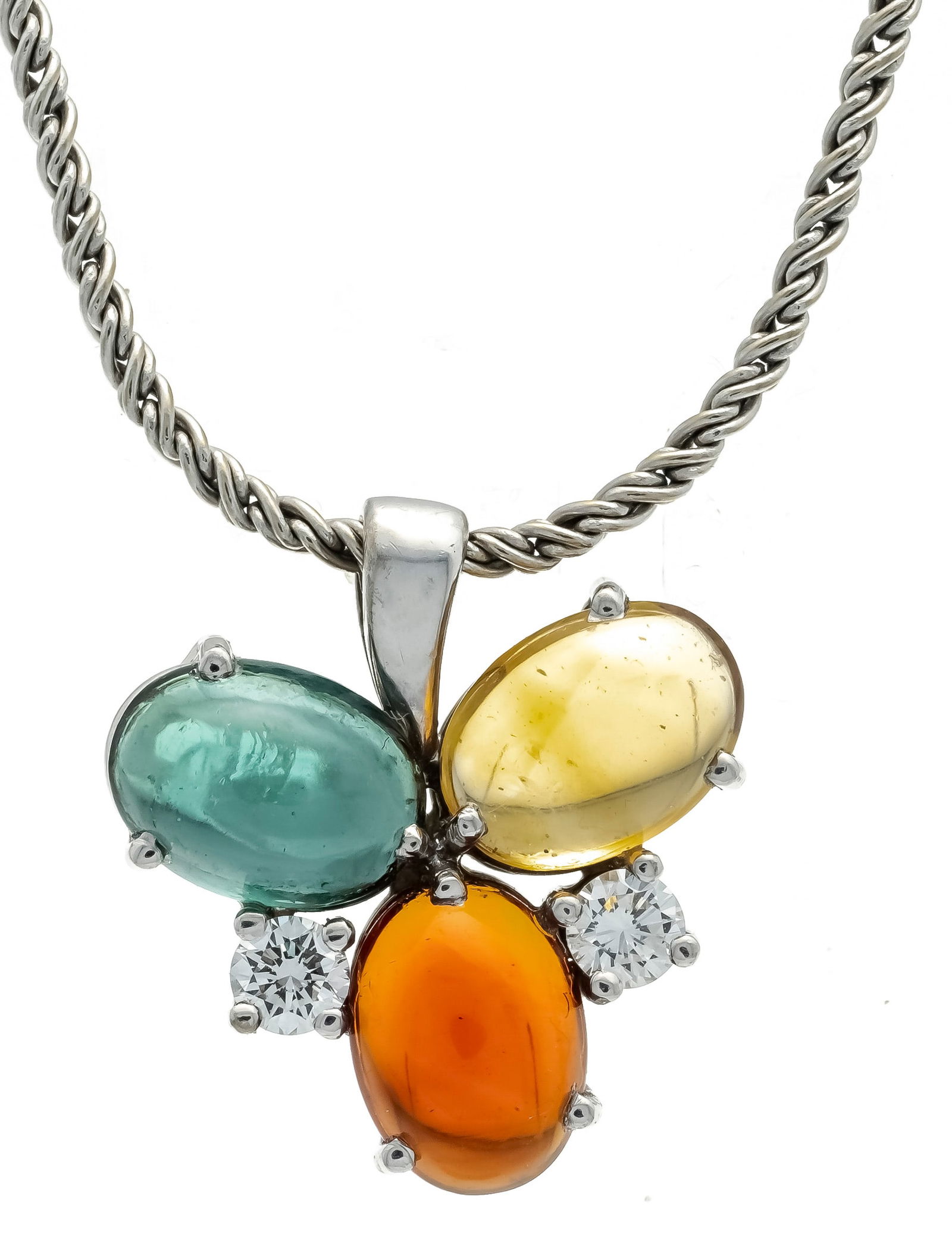 Multicolor pendant WG 750/000 wit: Multicolor pendant WG 750/000 with 3 oval coloured stone cabochons 7.5 x 5.7 mm in yellow, orange and green, eye-clean - transparent, including citrine, and 2 brilliant-cut diamonds, total 0.18 ct W/V