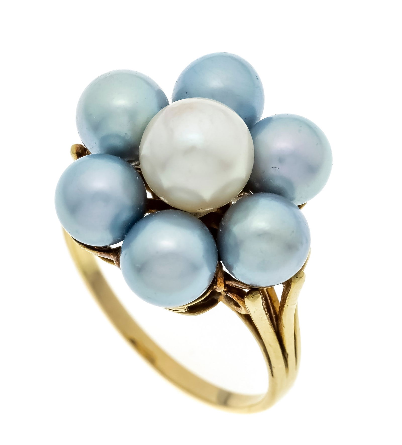 Akoya pearl cocktail ring GG 585/: Akoya pearl cocktail ring GG 585/000 unstamped, tested, with one cream-white and 6 silver-grey Akoya pearls 7.6 - 6.3 mm, RG 58, 7.5 g