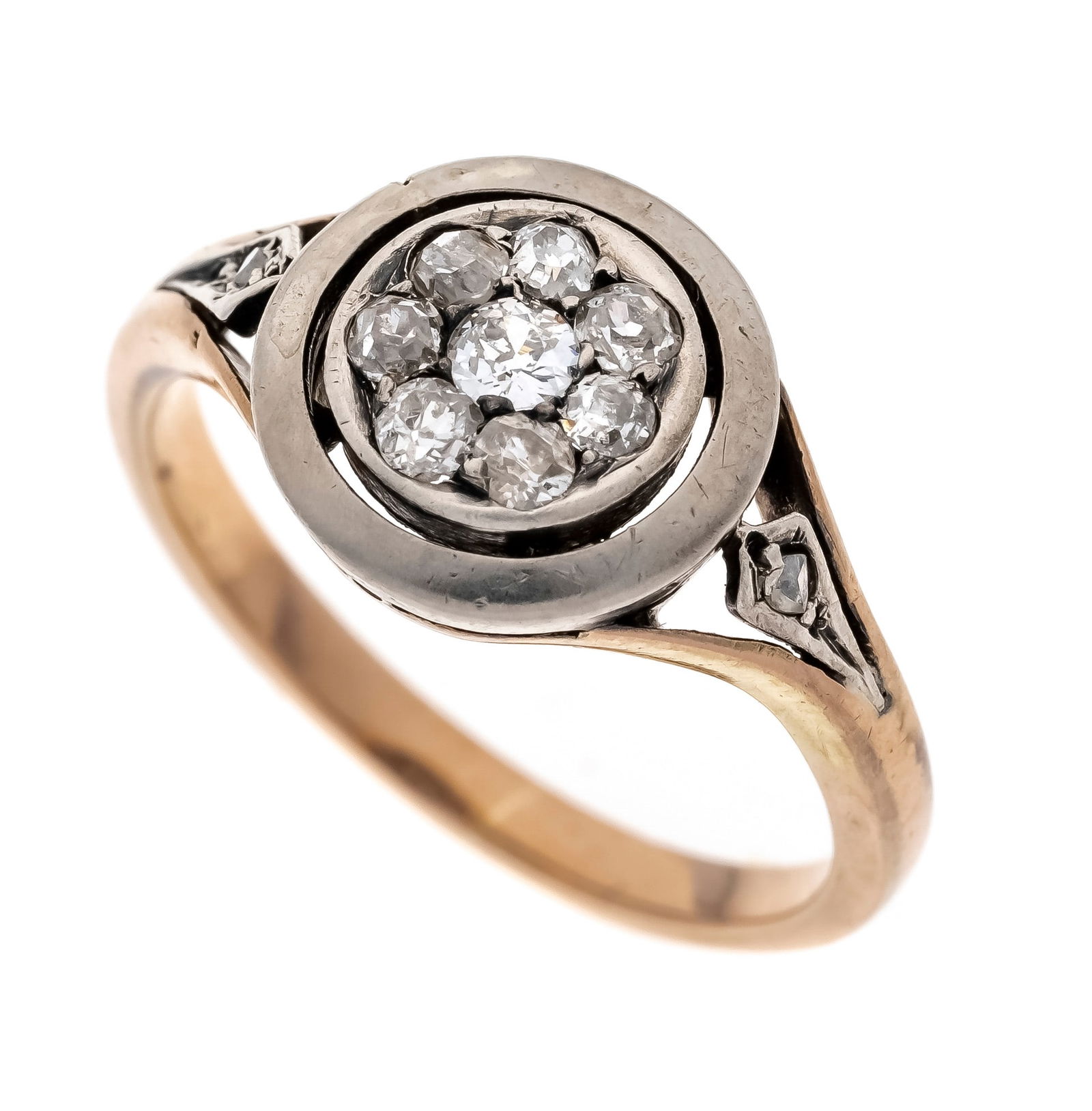 Old-cut diamond ring GG 585/000 a: Old-cut diamond ring GG 585/000 and platinum, unmarked, tested, with 8 old-cut diamonds, total 0.20 ct l.tonedW-tonedW/SI-PI, RG 50, 2.7 g