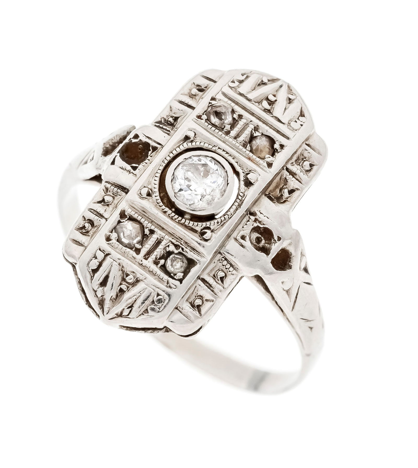 Art Déco ring WG 585/000 and plat: Art Déco ring WG 585/000 and platinum, unmarked, tested, with one old-cut diamond 0.10 ct W/PI and 4 diamond roses, RG 56, 2.0 g