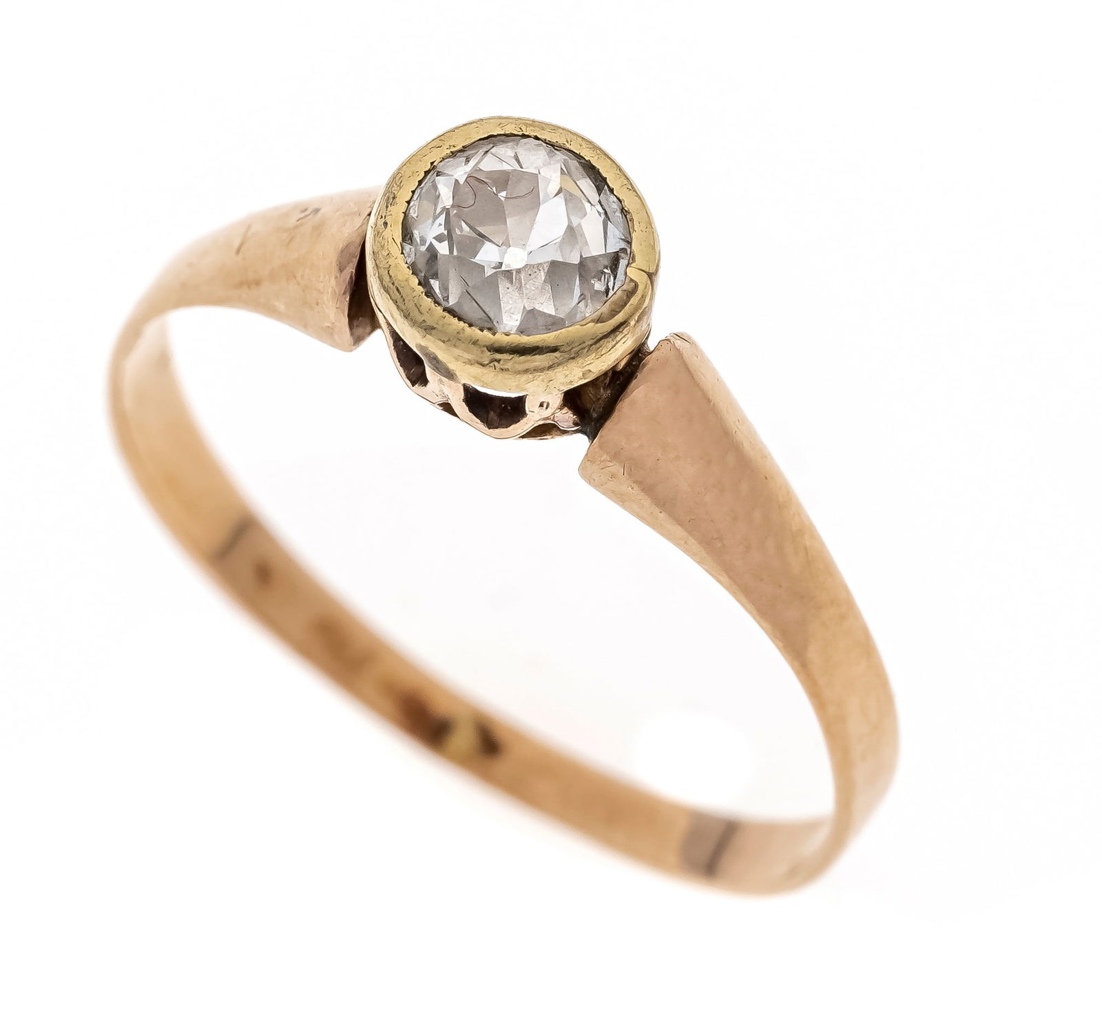 Old-cut diamond ring GG 585/000 u: Old-cut diamond ring GG 585/000 unstamped, tested, with an old-cut diamond 0.45 ct ct l.tintedW-tintedW/SI, RG 53, 1.4 g