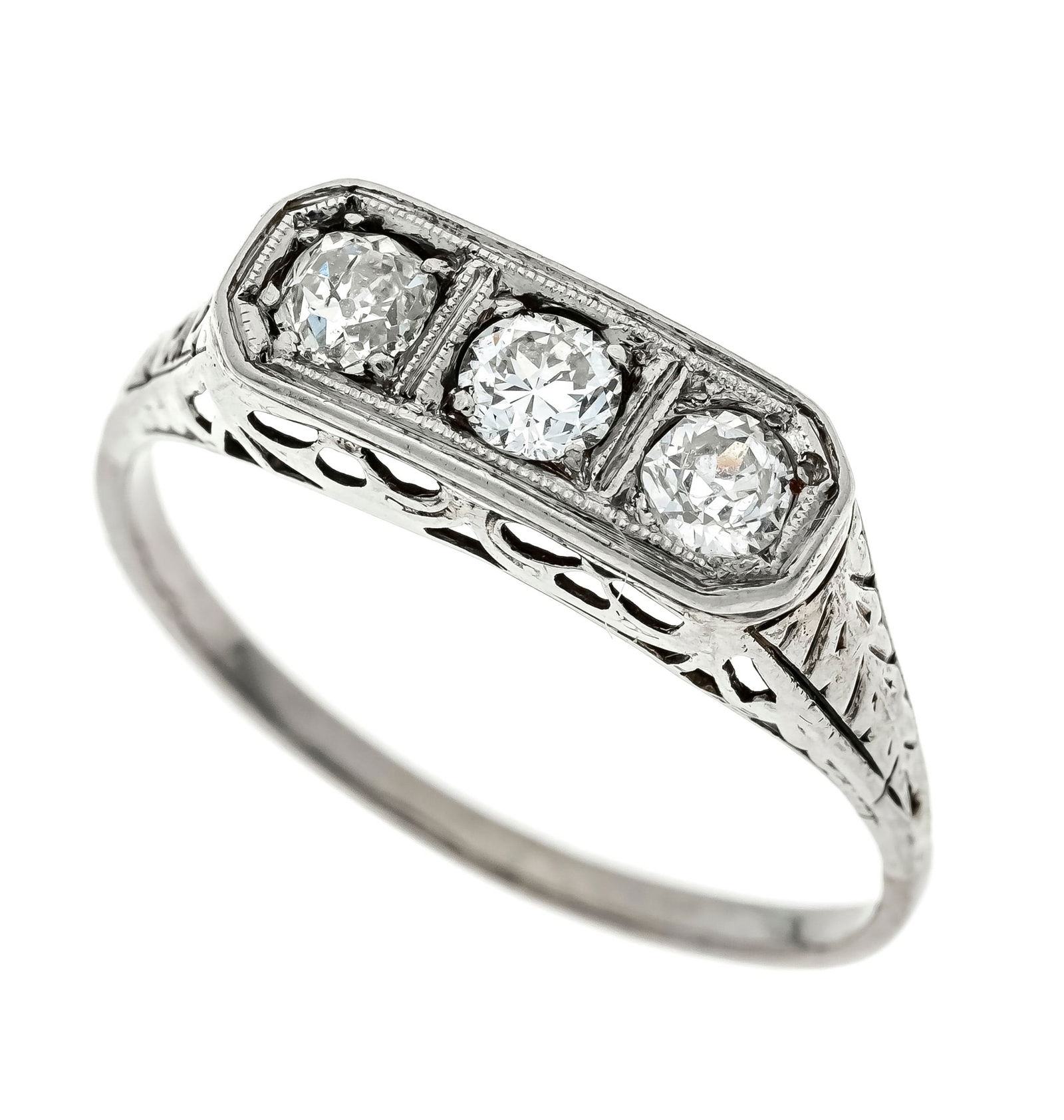 Brilliant ring WG 750/000 with 3: Brilliant ring WG 750/000 with 3 brilliant-cut diamonds, total 0.40 ct l.tonedW-W/SI, RG 54, 2.0 g