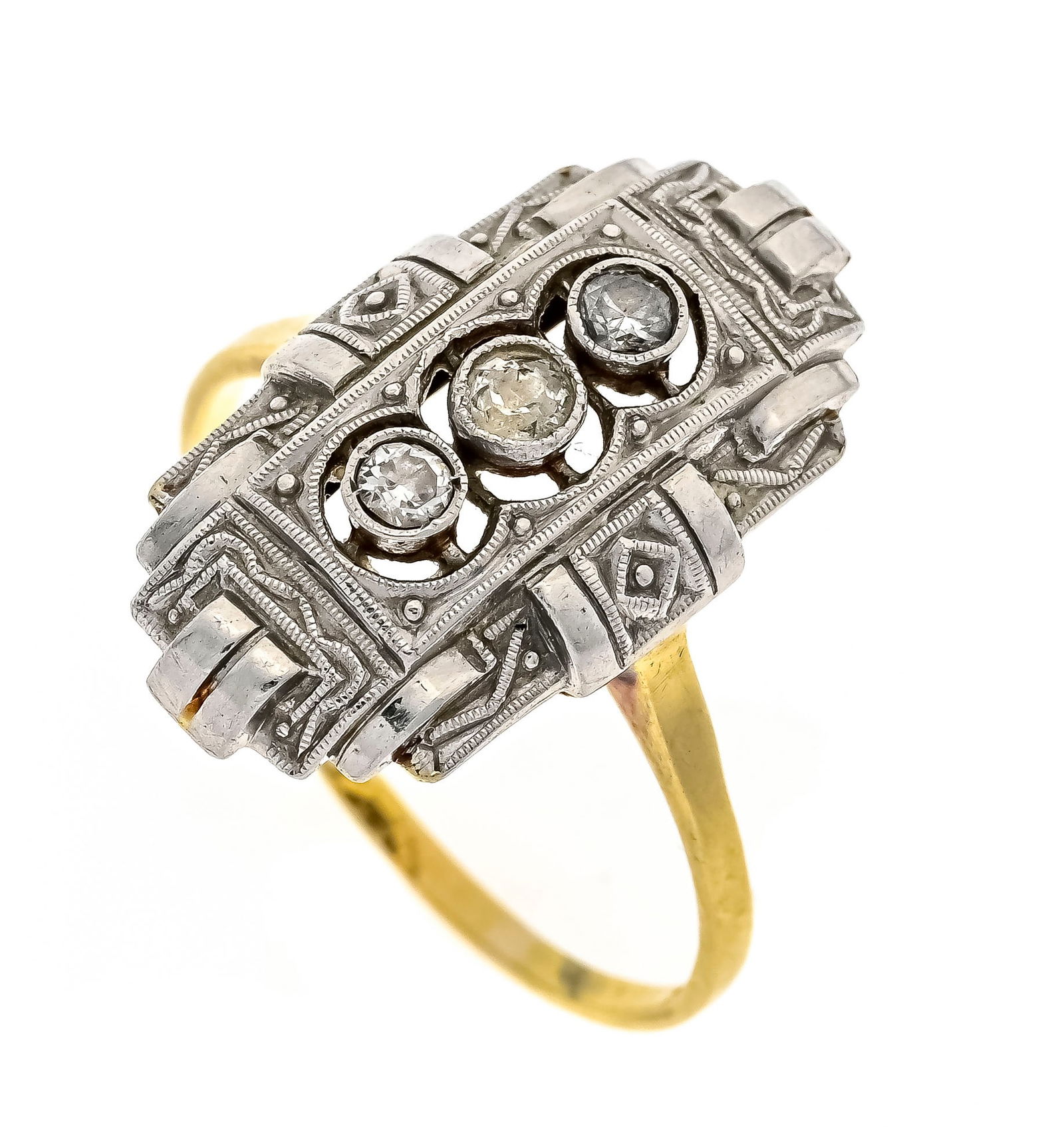 Art Déco GG/WG 585/000 with 3 old: Art Déco GG/WG 585/000 with 3 old-cut diamonds, total 0.11 ct l.tintedW-tintedW/PI2-3, RG 56, 2.7 g