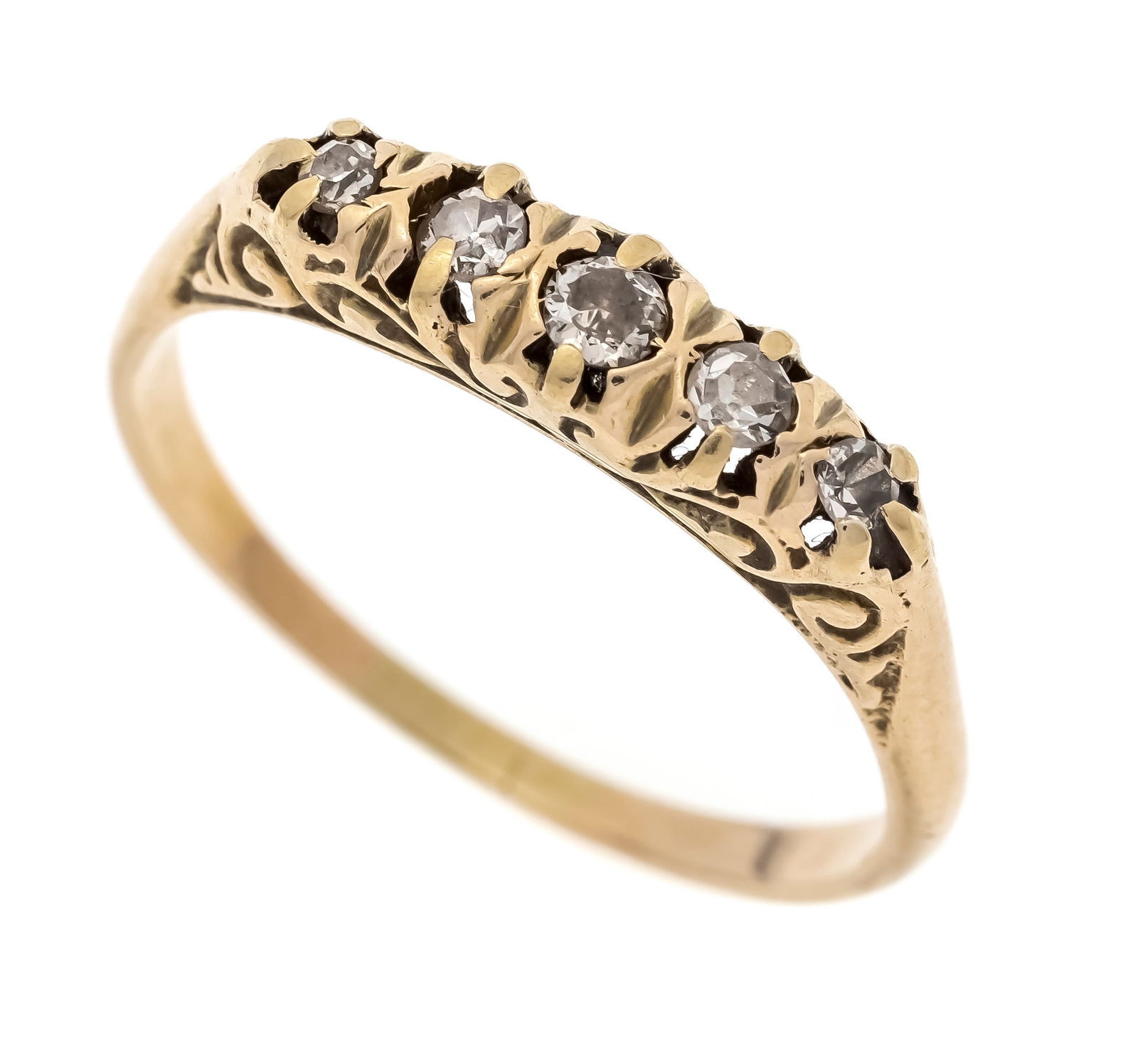 Brilliant ring GG 585/000 with 5: Brilliant ring GG 585/000 with 5 brilliant-cut diamonds, total 0.20 ct tintedW/SI-PI, RG 57, 2.8 g