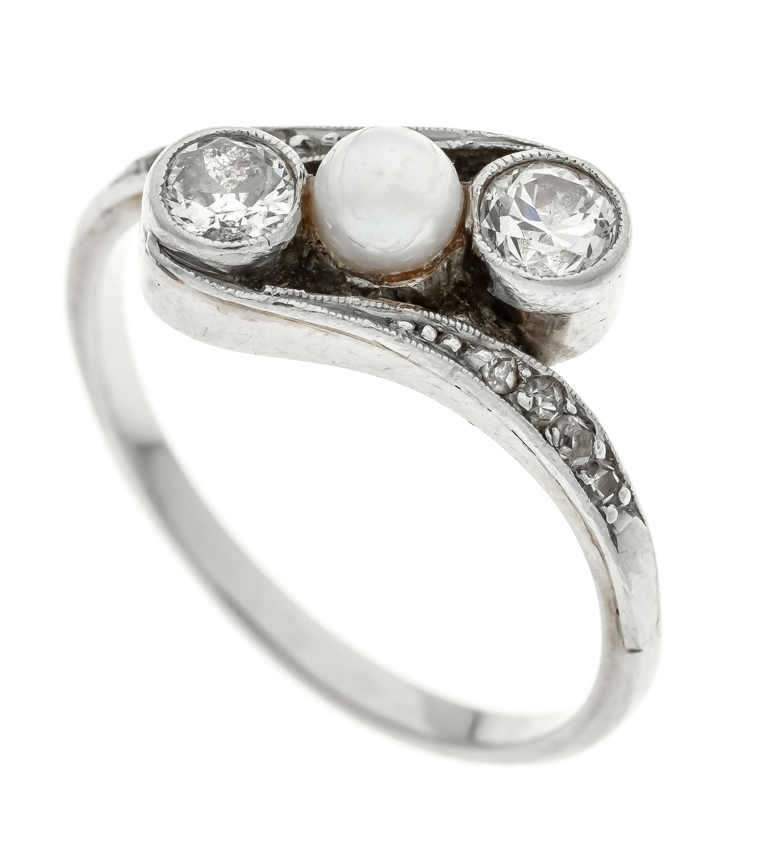 Art Deco pearl diamond ring WG 58: Art Deco pearl diamond ring WG 585/000 with a pearl 4 mm, 2 old-cut diamonds, total 0.40 ct l.tintedW-W/VS-PI and diamond roses, RG 56, 3.2 g