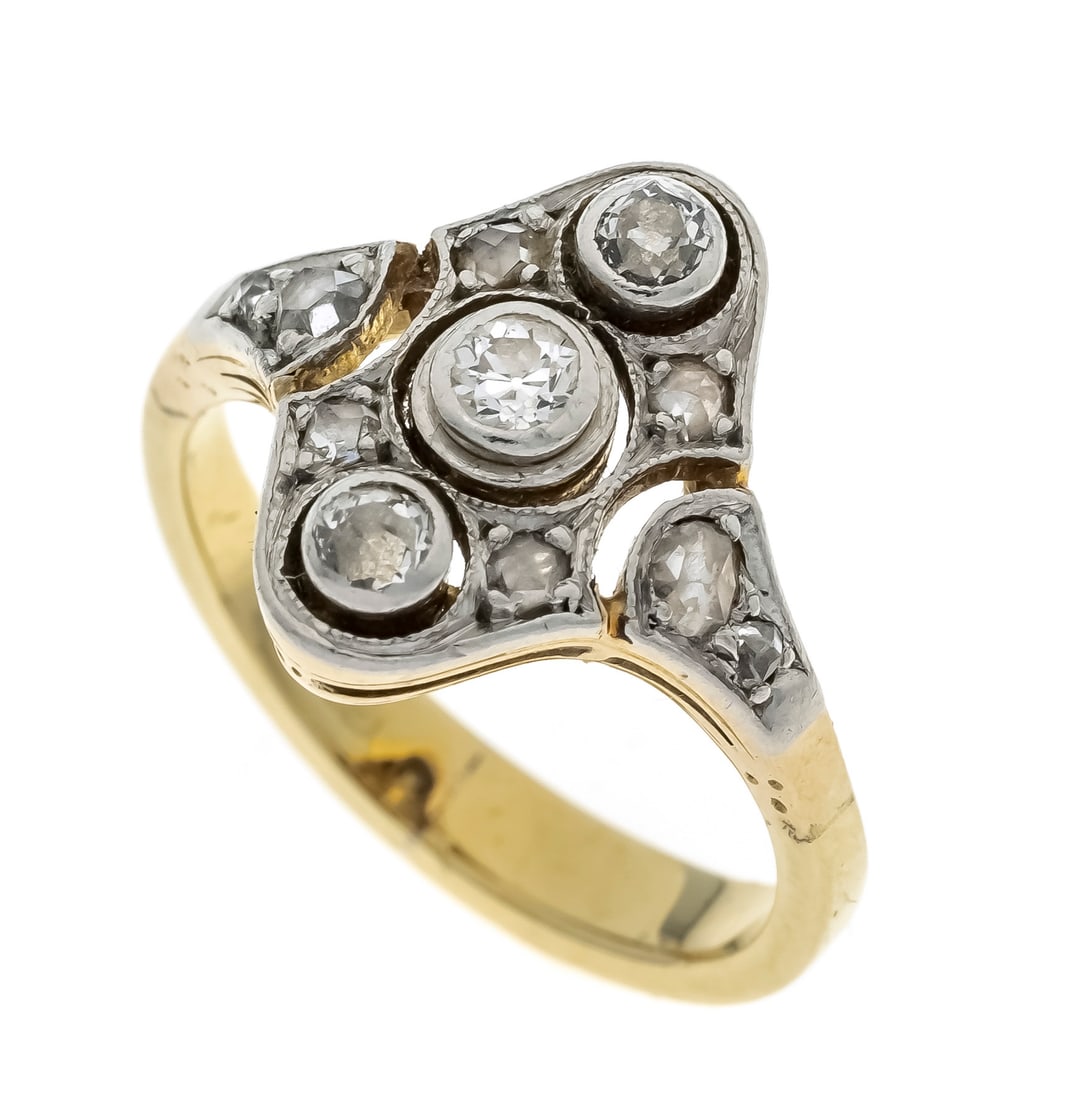 Art Déco ring GG/WG 585/000 with: Art Déco ring GG/WG 585/000 with 3 old-cut diamonds, total 0.12 ct l.tintedW/SI-PI1 and 8 diamond roses, RG 46, 3.2 g