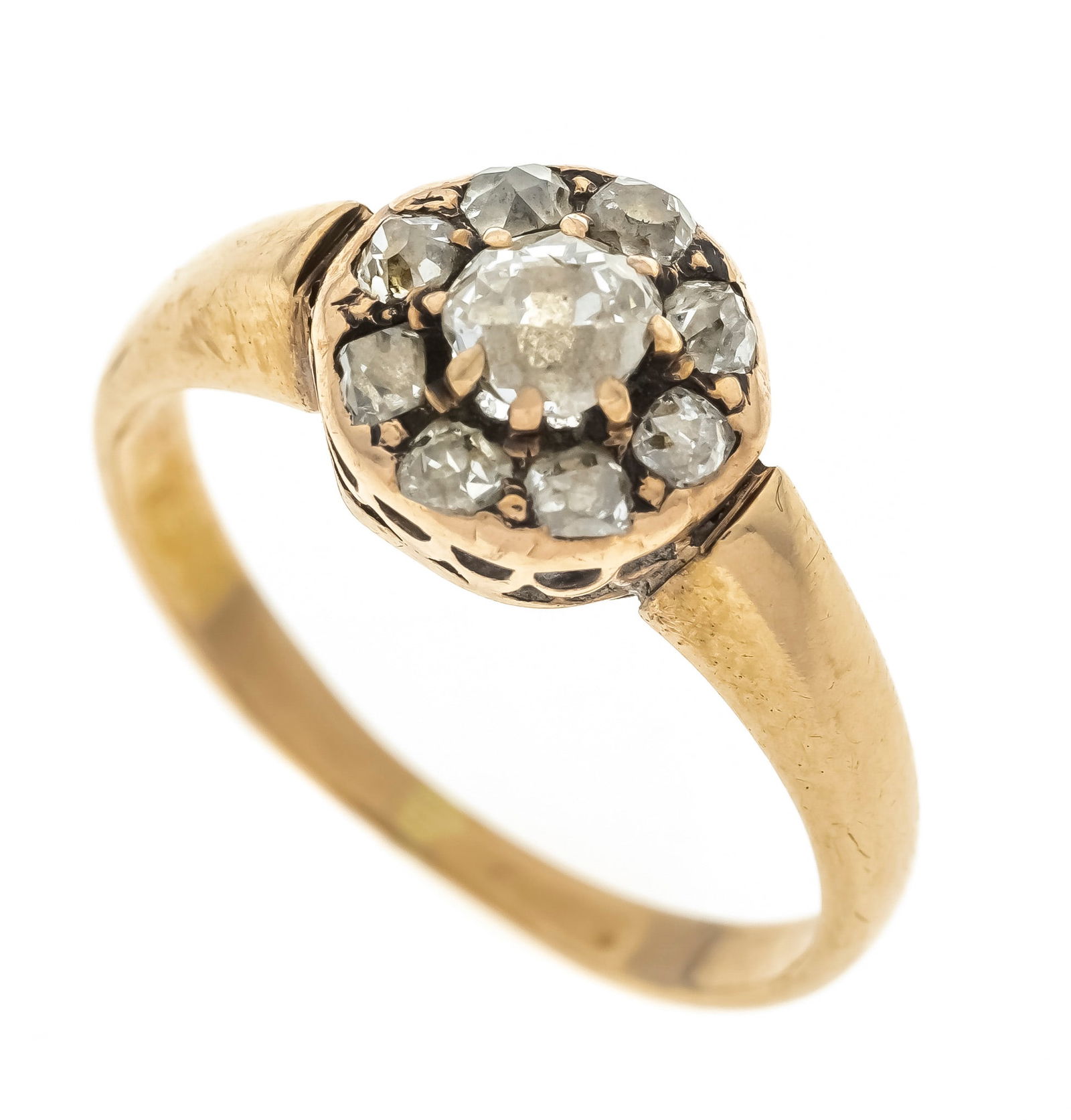 Old-cut diamond ring RG 585/000 u: Old-cut diamond ring RG 585/000 unmarked, tested, with 9 old-cut diamonds, 1x 0.16 ct and 8x 0.03 ct in total 0.40 ct tinted/SI-PI, RG 50, 2.5 g