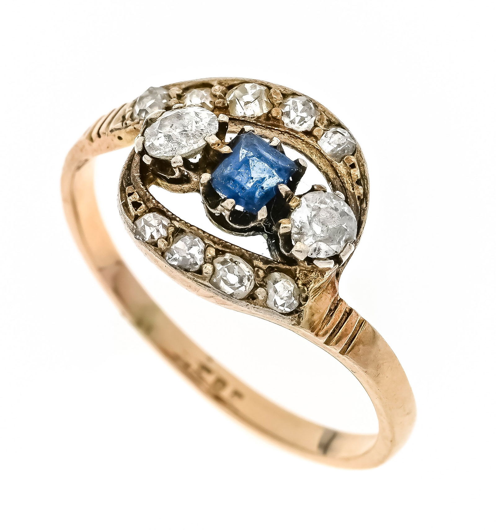 Art Nouveau ring GG/WG 585/000 wi: Art Nouveau ring GG/WG 585/000 with a faceted gemstone carrée blue, opaque, heavily rubbed and 11 old-cut diamonds, together 0.36 ct tintedW-toned/SI-PI, RG 54, 2.0 g