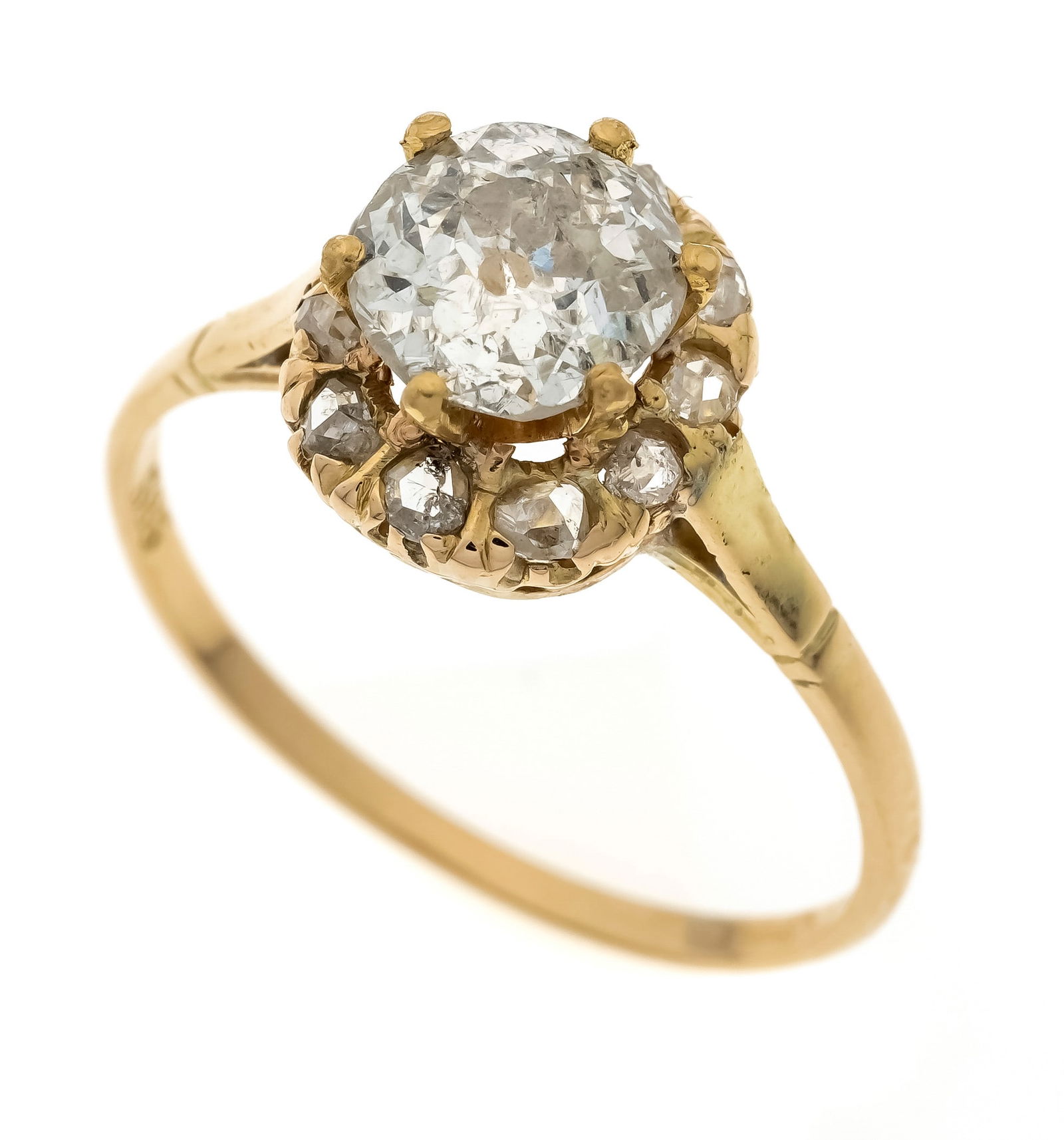 Old-cut diamond ring GG 585/000 w: Old-cut diamond ring GG 585/000 with an old-cut diamond 1.45 ct slightly tinted white/PI and diamond roses, RG 57, 2.6 g