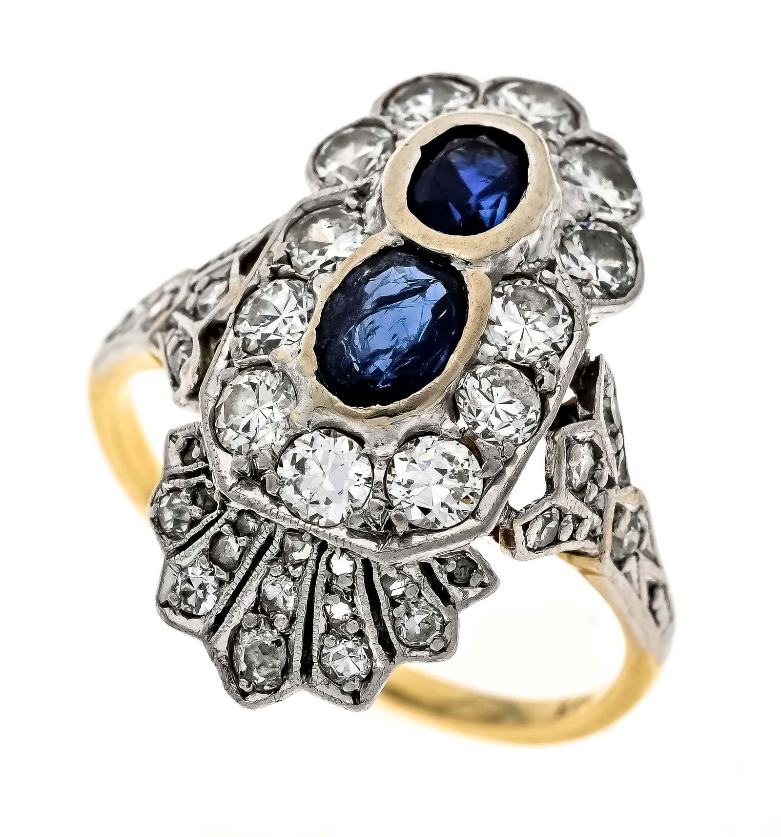 Asymmetrical Art Déco sapphire ri: Asymmetrical Art Déco sapphire ring GG/WG 585/000 with 2 oval faceted sapphires 4.9 x 3.7 and 4.1 x 2.9 mm dark blue, translucent, possibly synthetics, bumped and 25 old-cut diamonds, total 0.82 ct