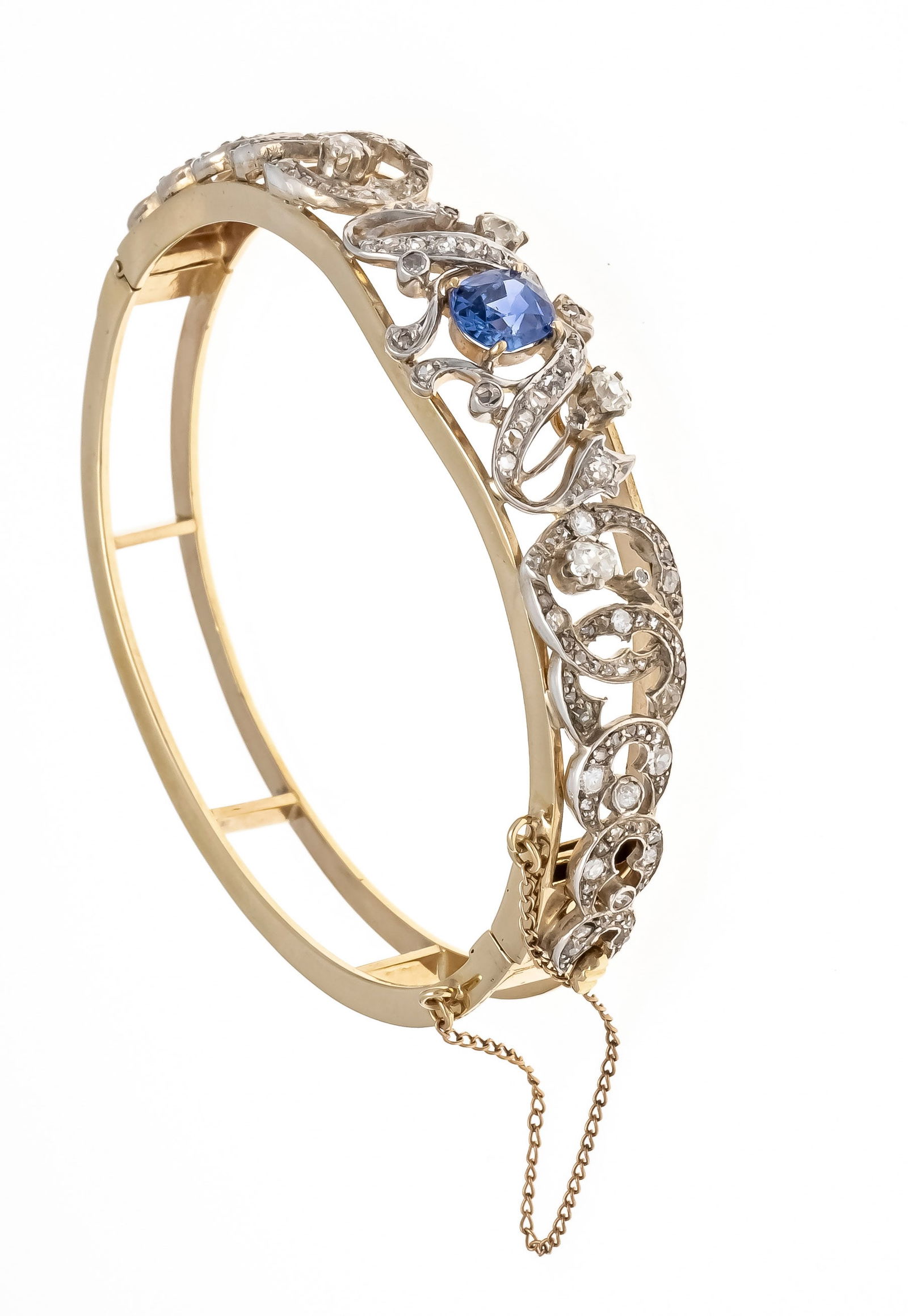A sapphire old-cut diamond mariag: A sapphire old-cut diamond mariage bangle of circa 1880 gold and silver setting, set with an oval faceted sapphire 1.84 ct in a brilliant lighter blue, translucent with very few internal features, chi