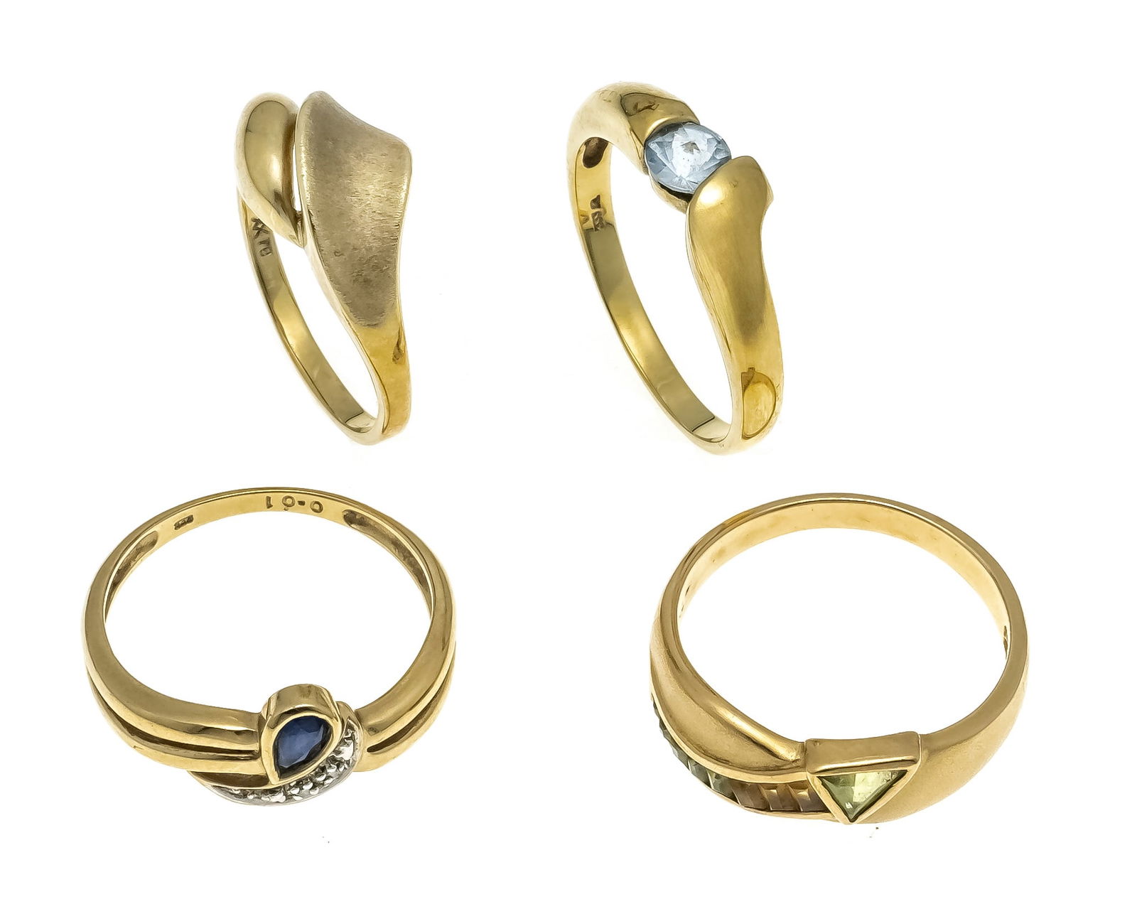 Set of 4 rings GG 333/000 with va: Set of 4 rings GG 333/000 with various faceted colored stones, including sapphire, peridot and synth. spinel, RG 2 x 60, 59 and 57, 11.1 g