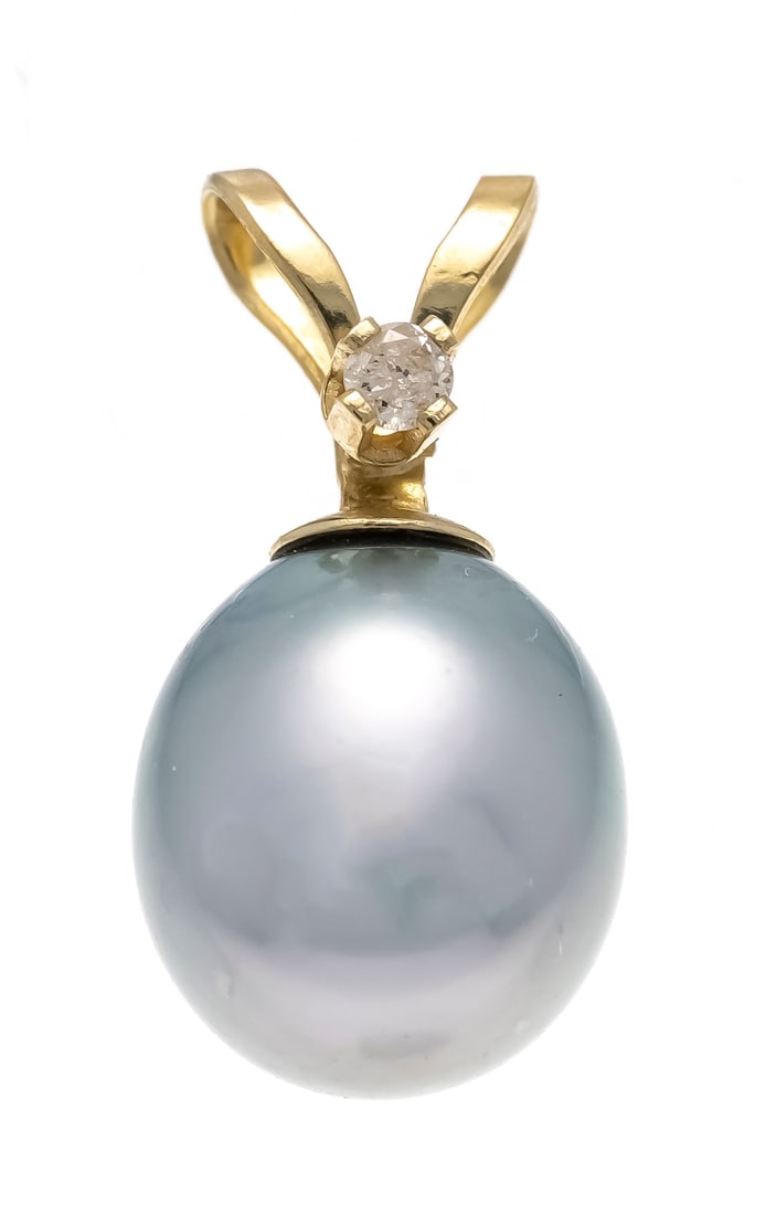 Cultured pearl diamond pendant GG: Cultured pearl diamond pendant GG 585/000 with an octagonal diamond 0.015 ct W/P1, and an oval silver-grey cultured pearl 8 x 9 mm, l. 15 mm, 1.0 g