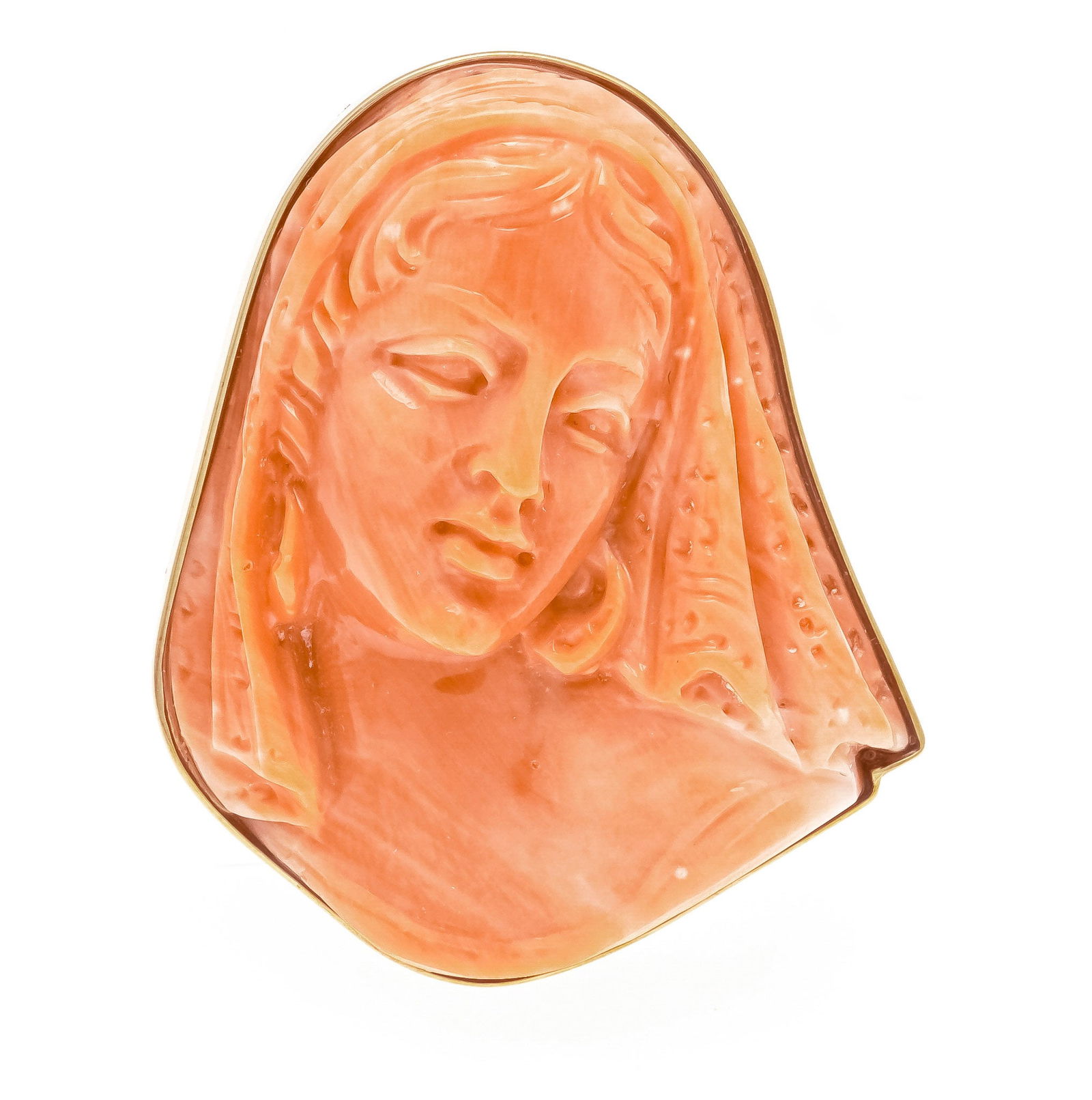 Coral brooch GG 750/000 with a co: Coral brooch GG 750/000 with a coral finely cut in the shape of an oriental lady's portrait in fine salmon pink, l. 44 mm, 26.3 g