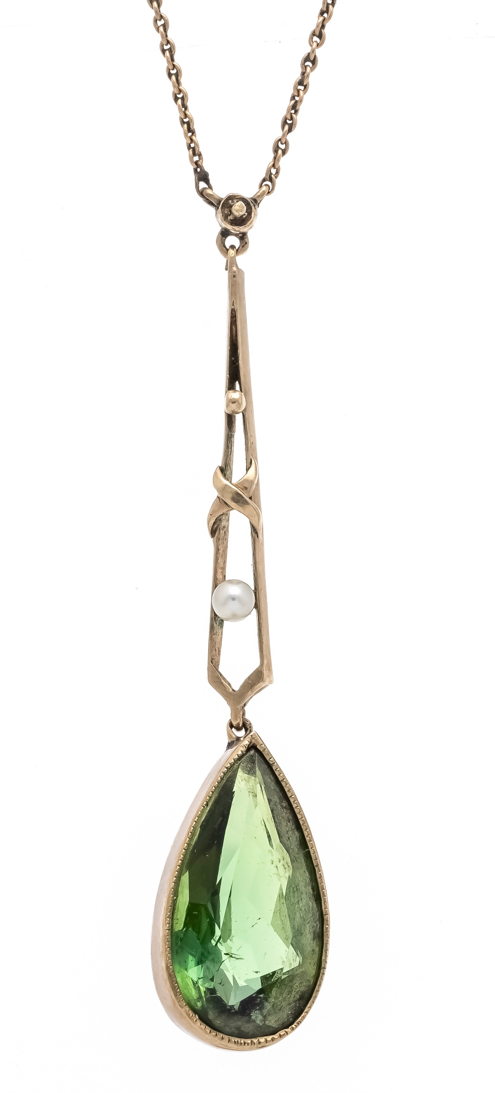 Art Nouveau tourmaline necklace R: Art Nouveau tourmaline necklace RG 375/000 unmarked, tested, with a drop-shaped faceted tourmaline 15 x 8.5 mm in fir green, eye-clean, with spring ring, l. 45 cm, 3.0 g