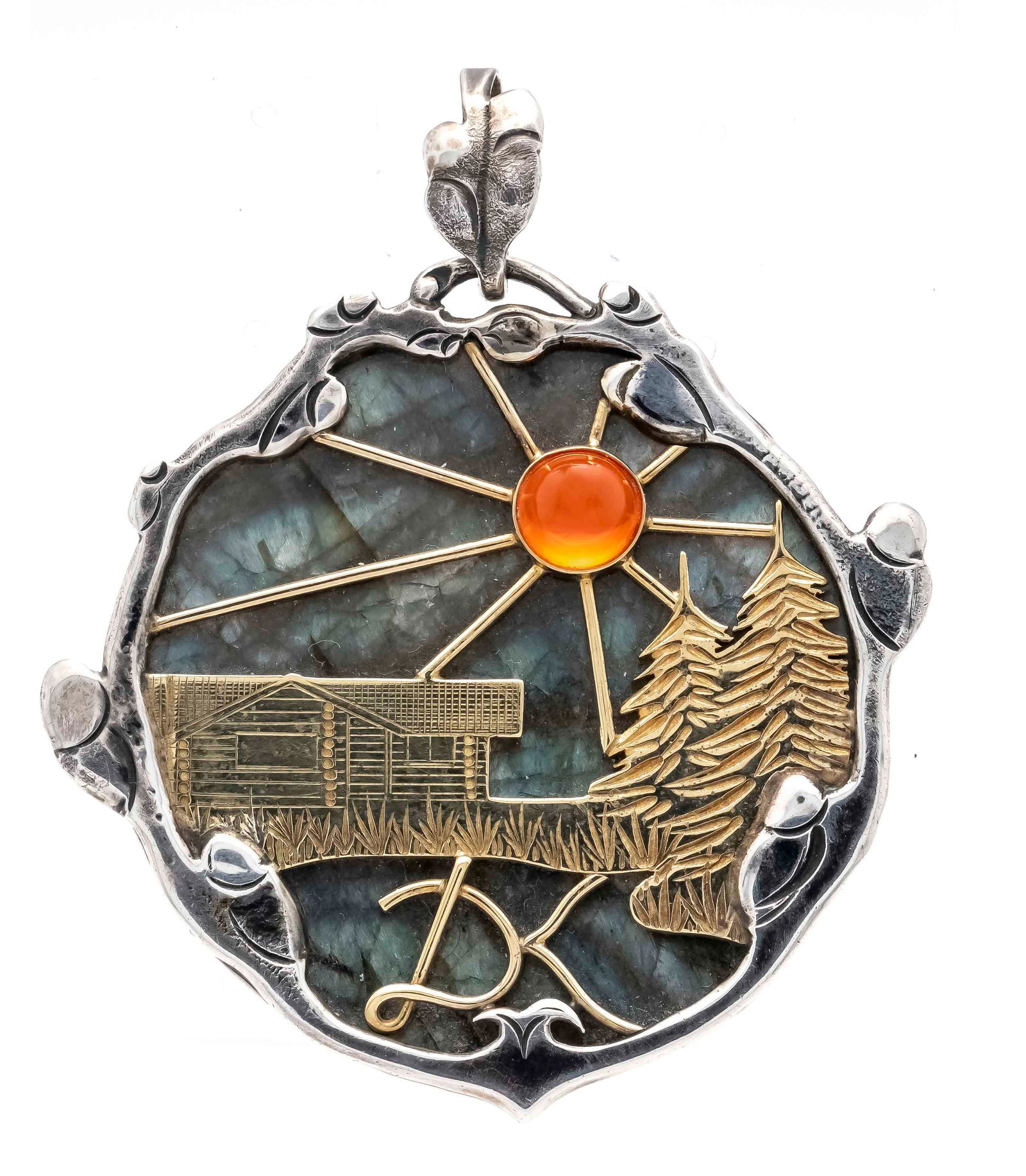 Helmut Kleist pendant / brooch si: Helmut Kleist pendant / brooch silver 835/000 florally chased and partially blackened, set with a round labradorite disc 46 mm under a gilt openwork chased as a landscape view with sun, set with a rou