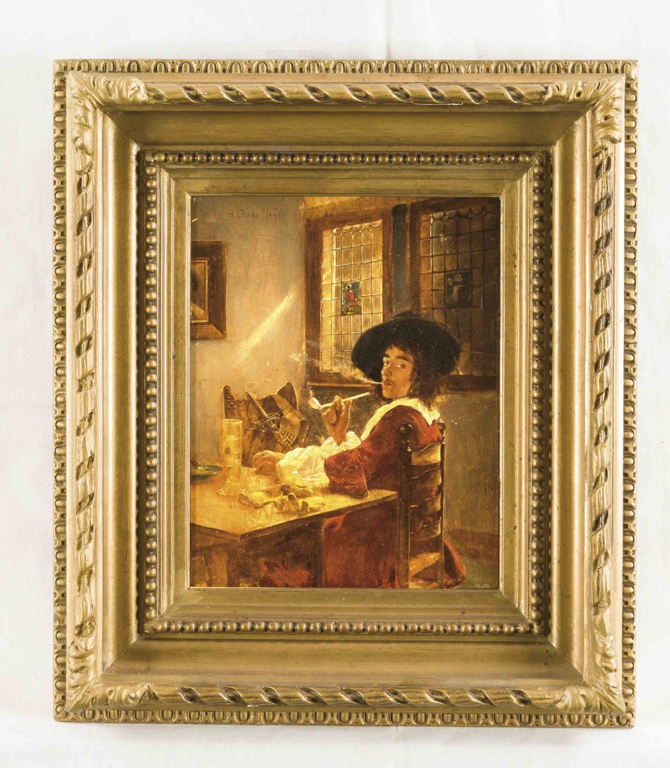 Claus Meyer (1856-1919), Mann mit Pfeife in einer: Claus Meyer (1856-1919), Mann mit Pfeife in einer Stube, Öl/Holz, 20 x 25 cm