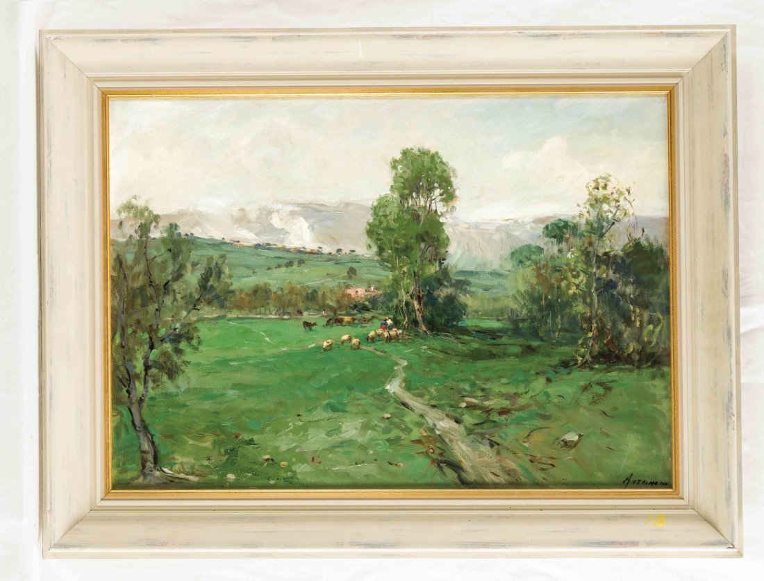 Antonini, Italienischer Figuren- und Landschaftsmaler: Antonini, Italienischer Figuren- und Landschaftsmaler der 1930er Jahre, Schafherde in einem weiten Vorgebirgstal Öl/Lwd., u. re. sign., 50 x 70 cm, Rahmen