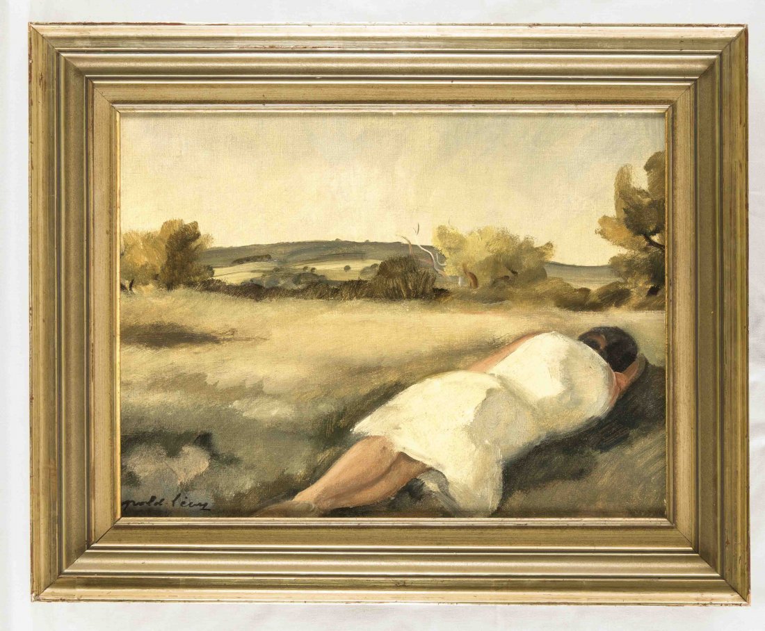 Sign. Leopold Cernz(?), Landschafts- und Figurenmaler: Sign. Leopold Cernz(?), Landschafts- und Figurenmaler 1. H. 20. Jh., Frau in weißem Kleid auf einer Wiese liegend, Öl/Karton, u. li. sign. Leopold Cernz(?), 37,5 x 49,5 cm, Rahmen